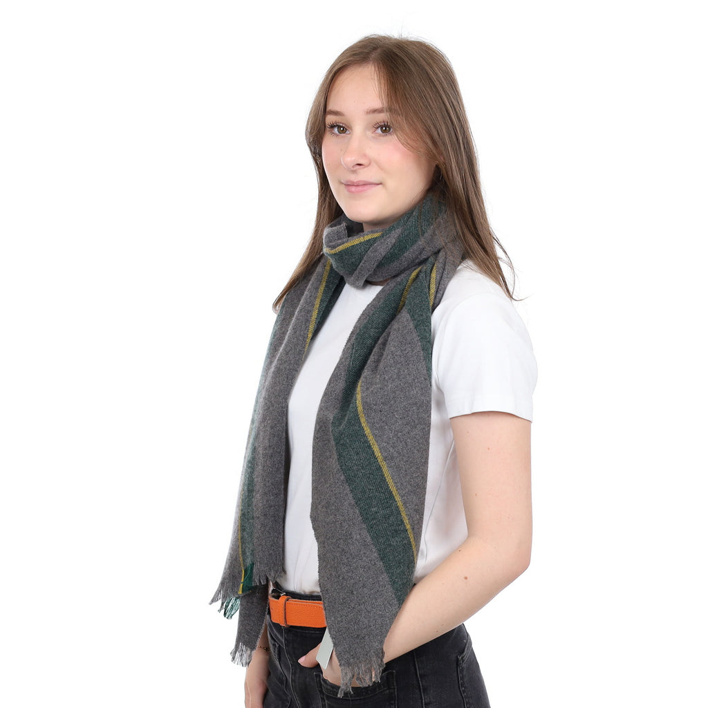 Brand New Scottish Slate Grey & Yellow Stripe Luxury Woven Cashmere Mini Wrap