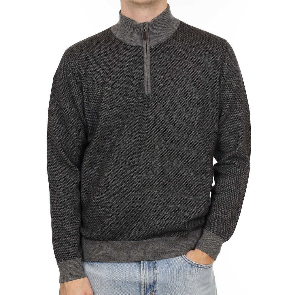 Men's Charcoal Grey Striped Cashmere 1/4 Zip Jumper Large