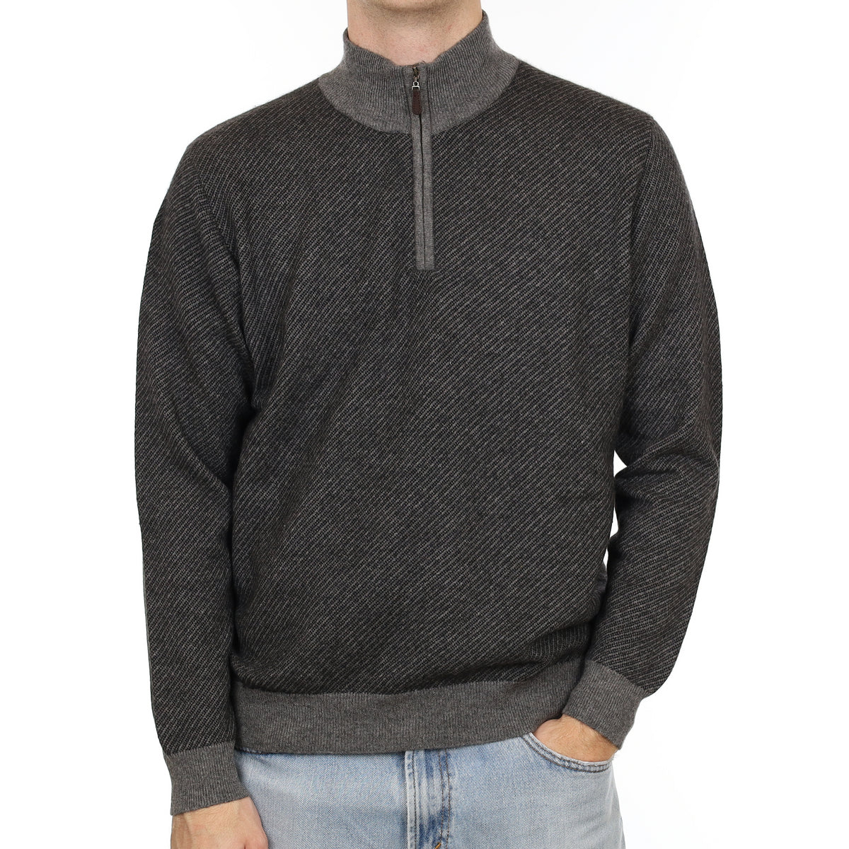 Men's Charcoal Grey Striped Cashmere 1/4 Zip Jumper Large