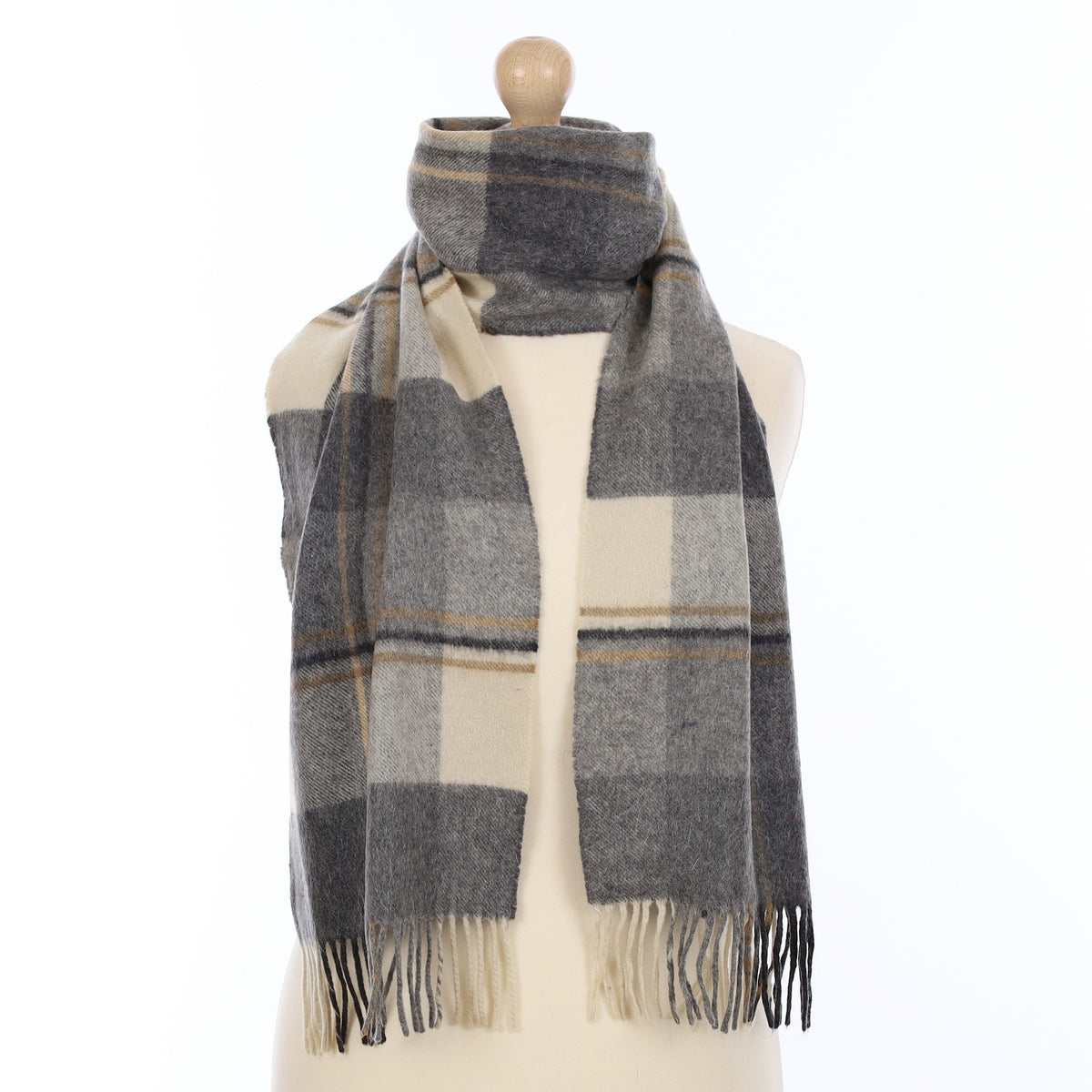 Grey and Ivory Plaid Cashmere Woven Scarf