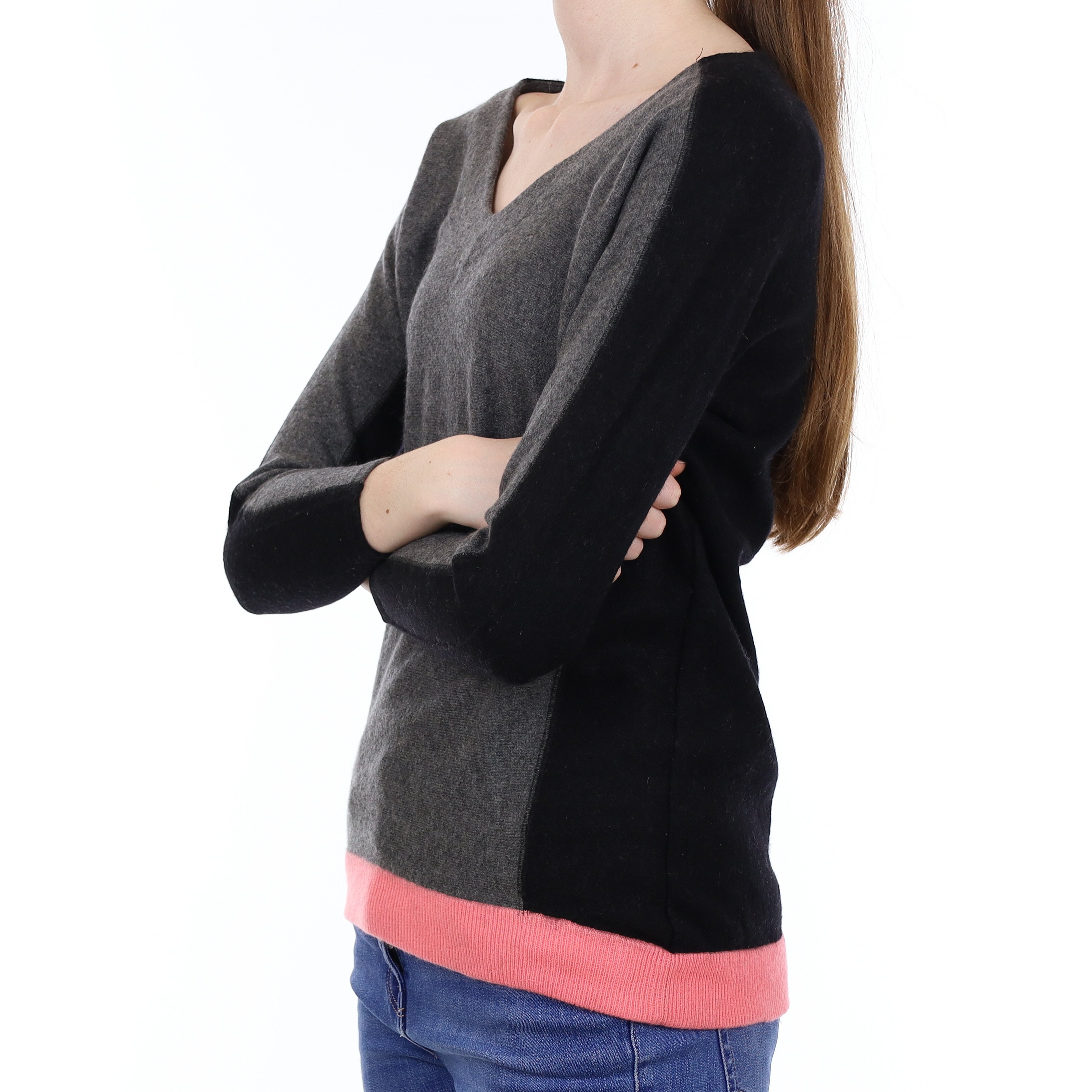 Grey Colour Block Cashmere V Neck Jumper Extra Small