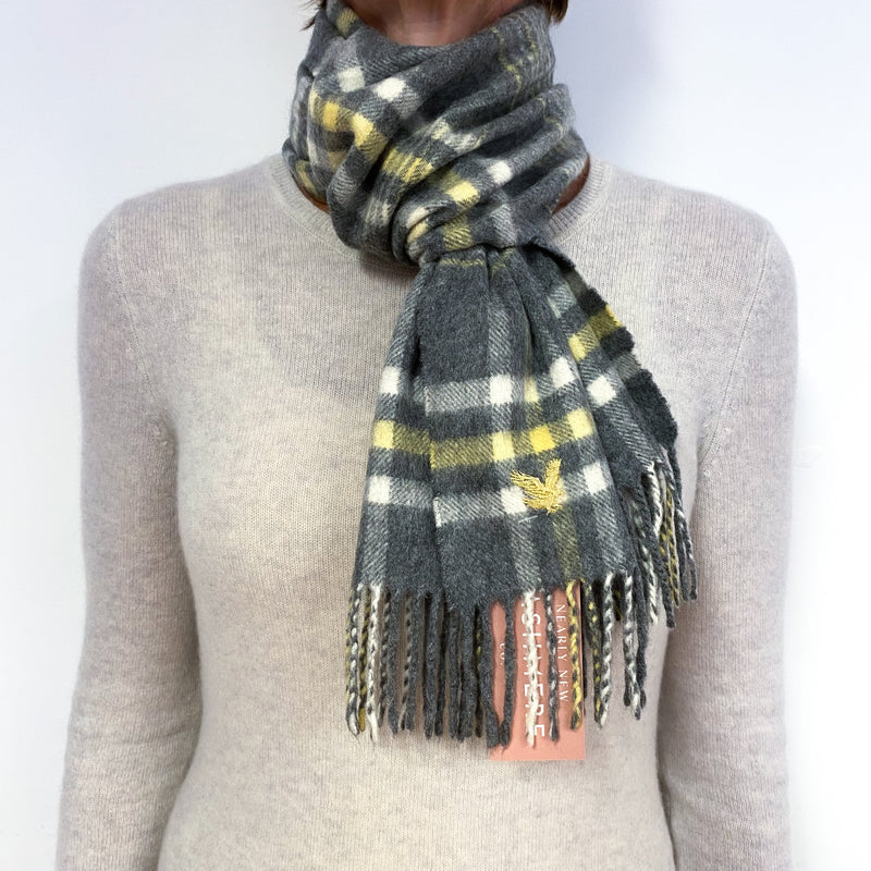 Grey and Lemon Checked Fringed Cashmere Woven Scarf
