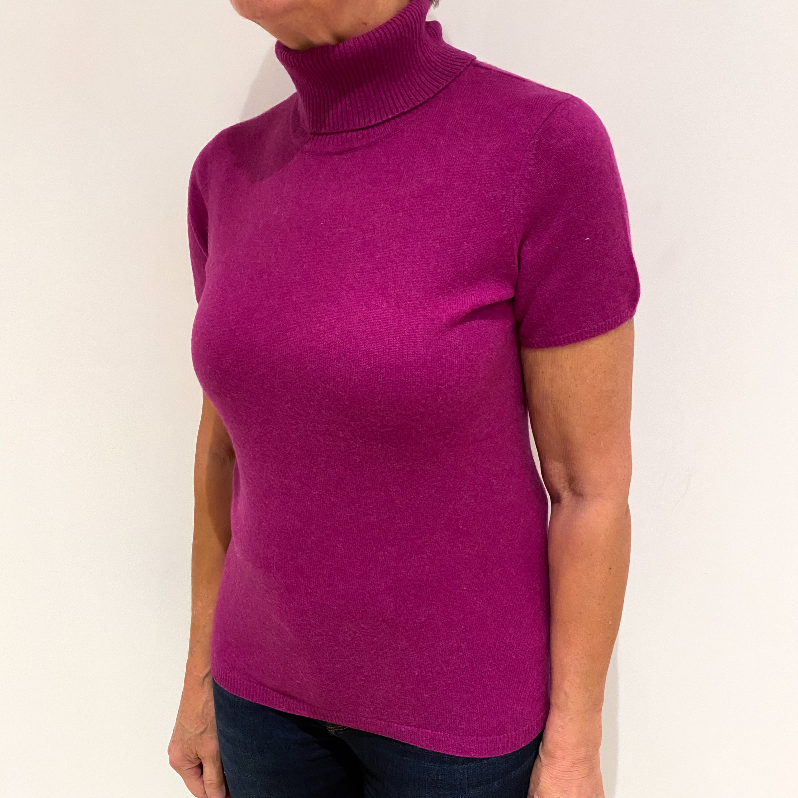 Magenta Pink Cashmere Short Sleeve Polo Neck Jumper Medium