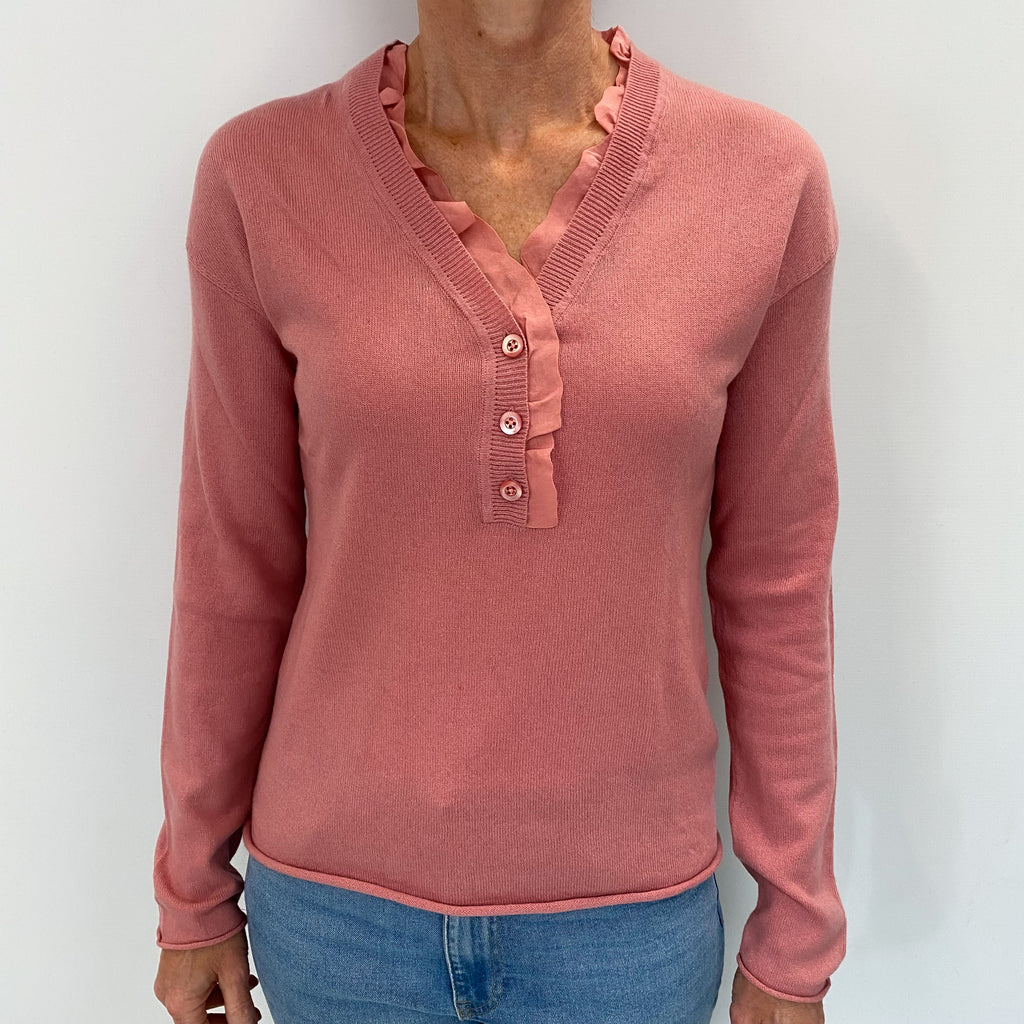 Dusky Rose Pink Cashmere Buttoned V Neck Jumper Small