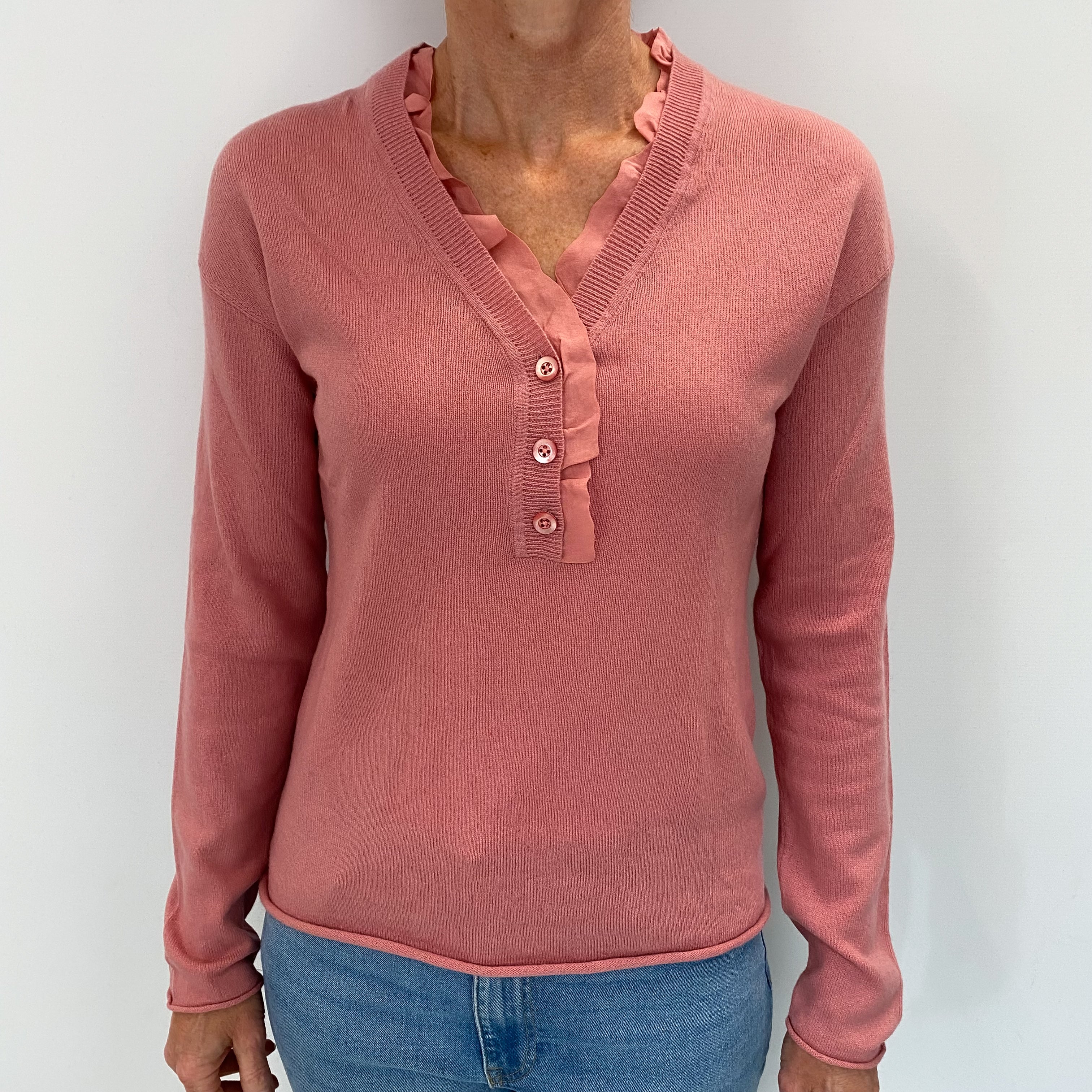 Dusky Rose Pink Cashmere Buttoned V Neck Jumper Small