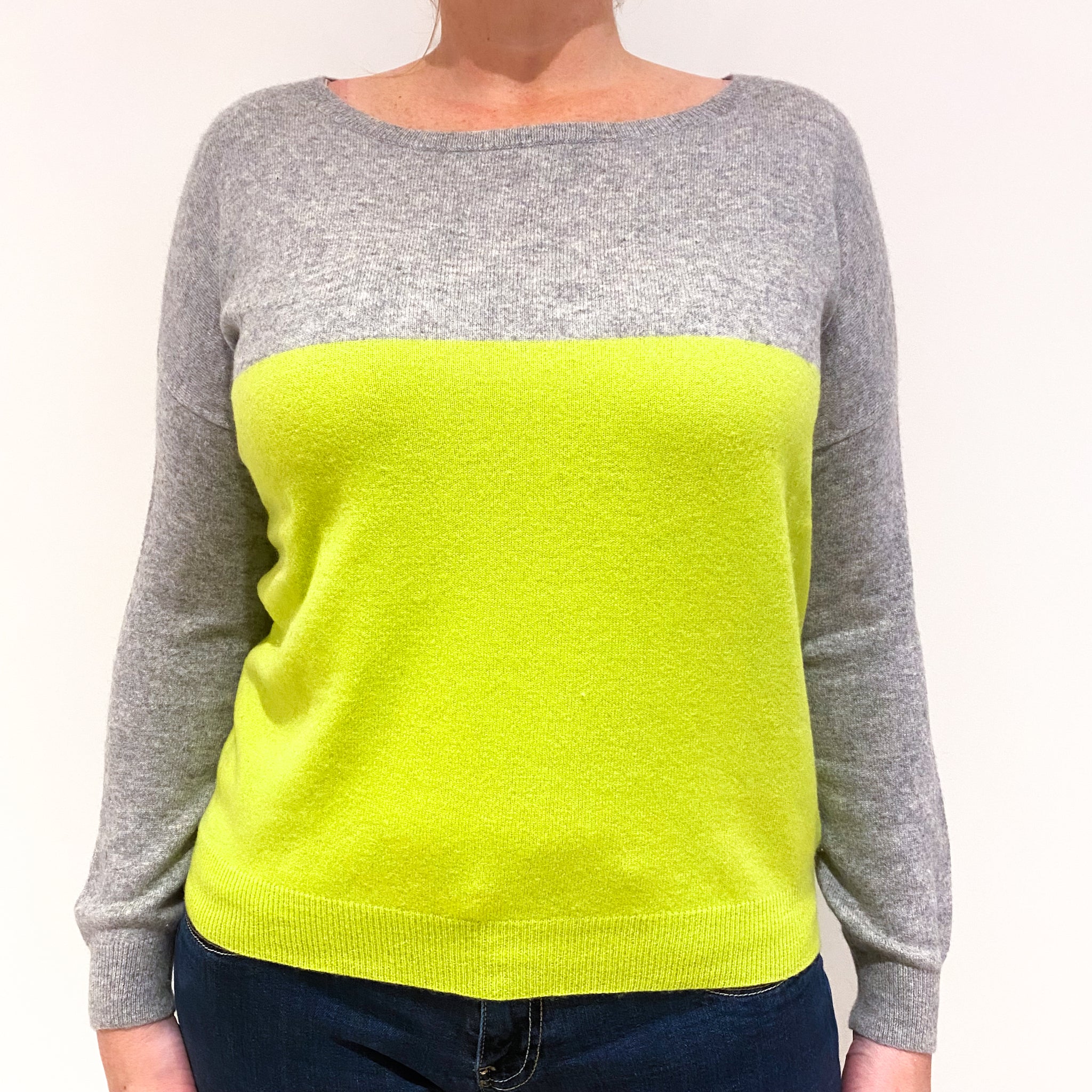Smoke Grey Neon Yellow Cashmere Boat Neck Jumper Large