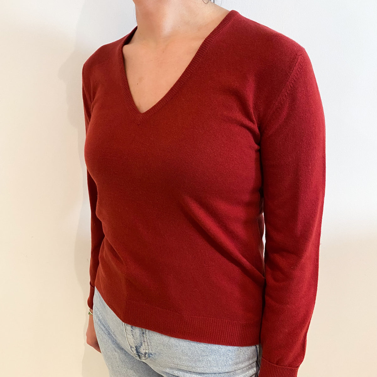 Vintage Brick Red V-Neck Jumper Small