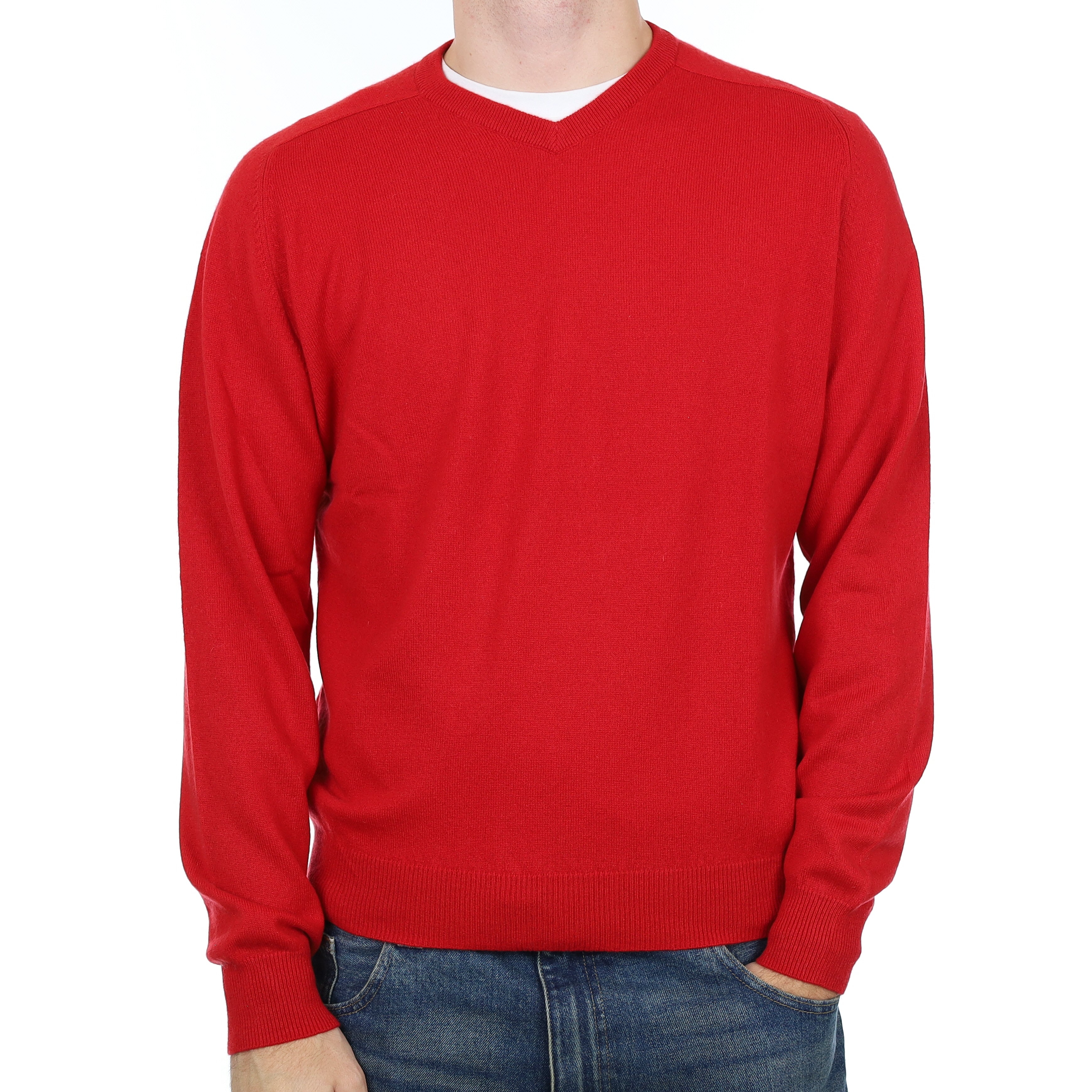 Men’s Scarlet Red Cashmere V Neck Jumper Large