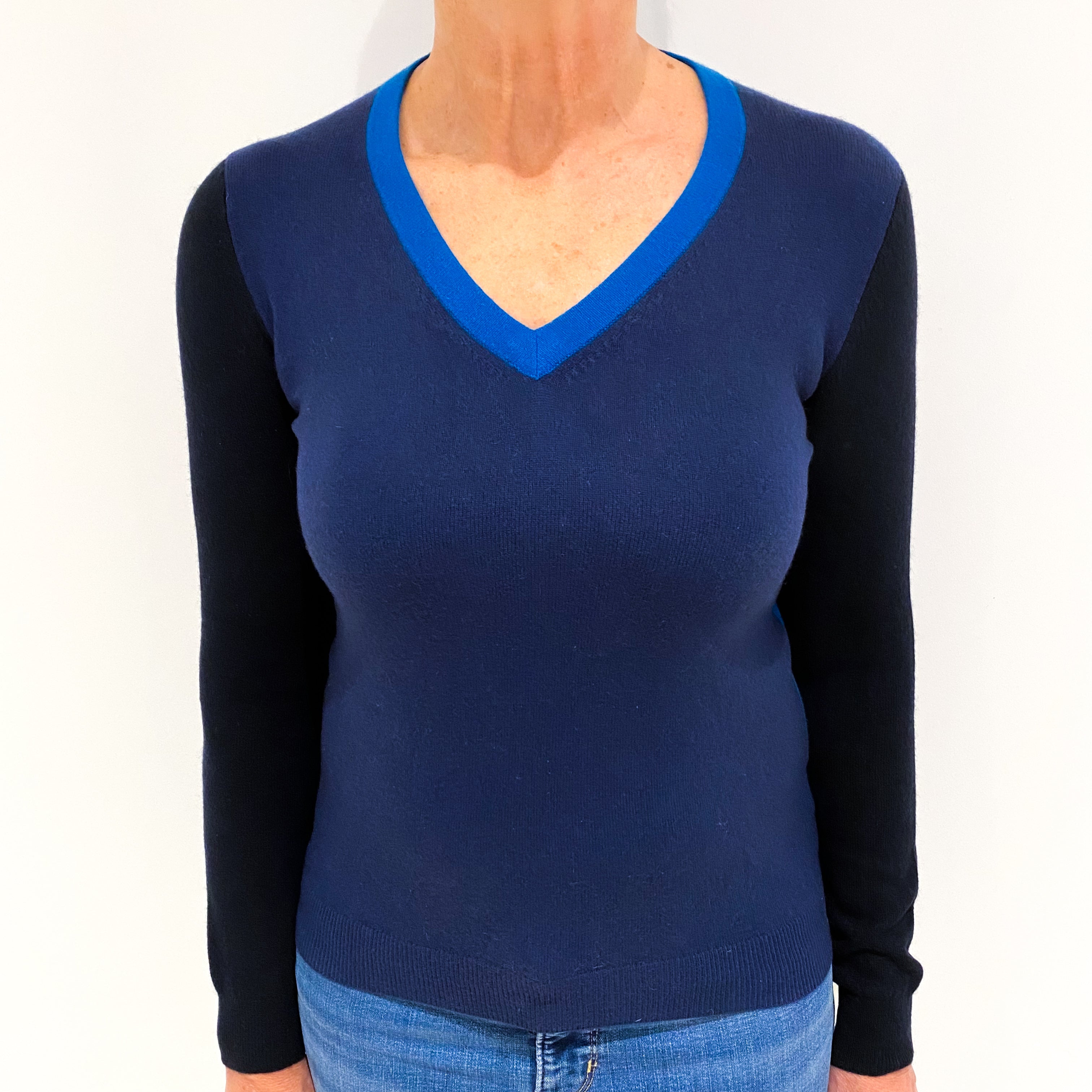 Navy Black and Teal Cashmere V Neck Jumper Medium