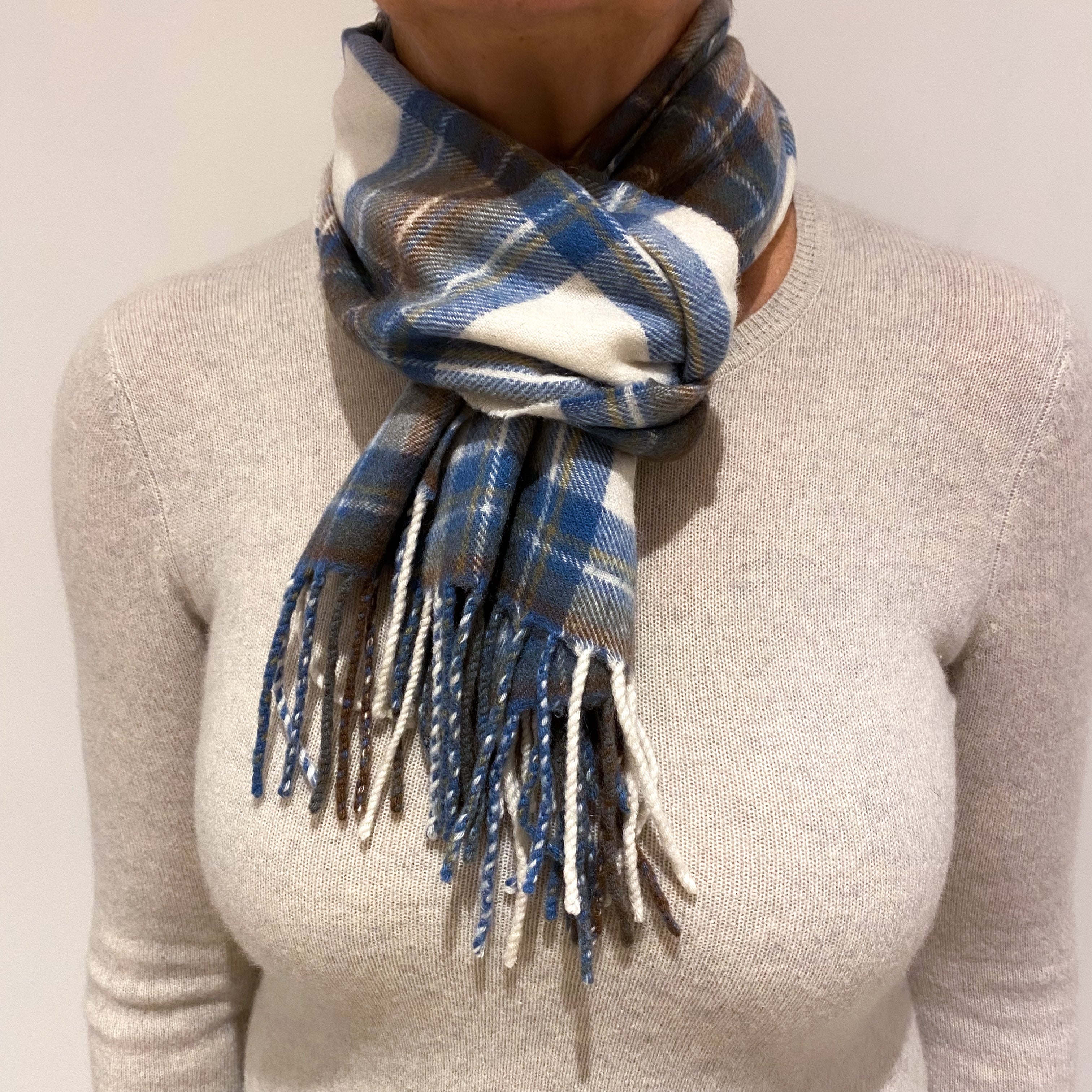 Blue and Cream Checked Fringed Cashmere Woven Scarf