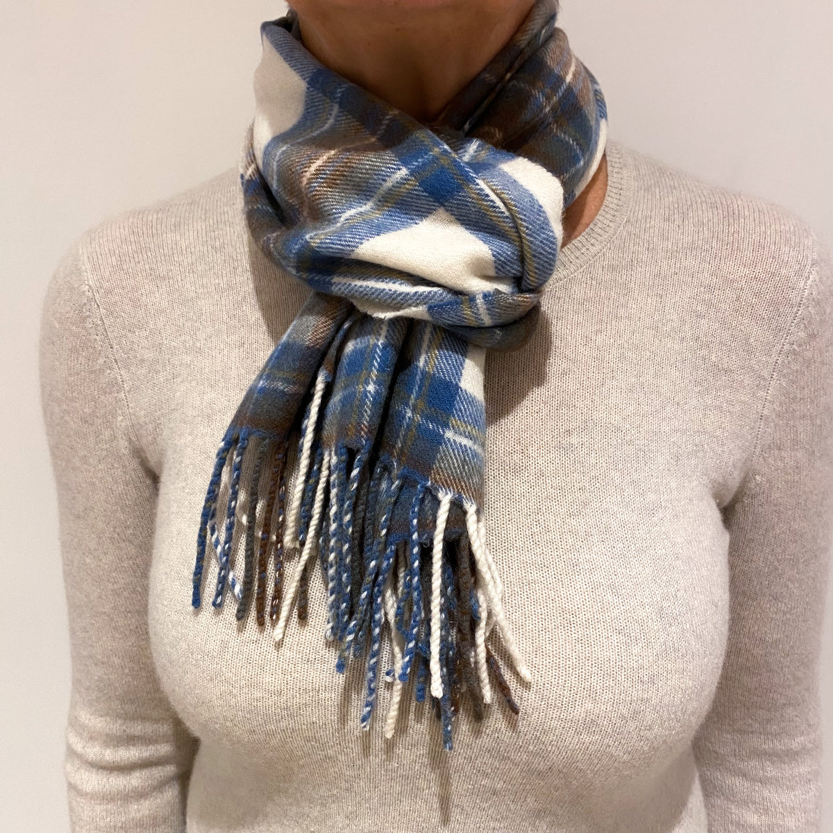 Blue and Cream Checked Fringed Cashmere Woven Scarf