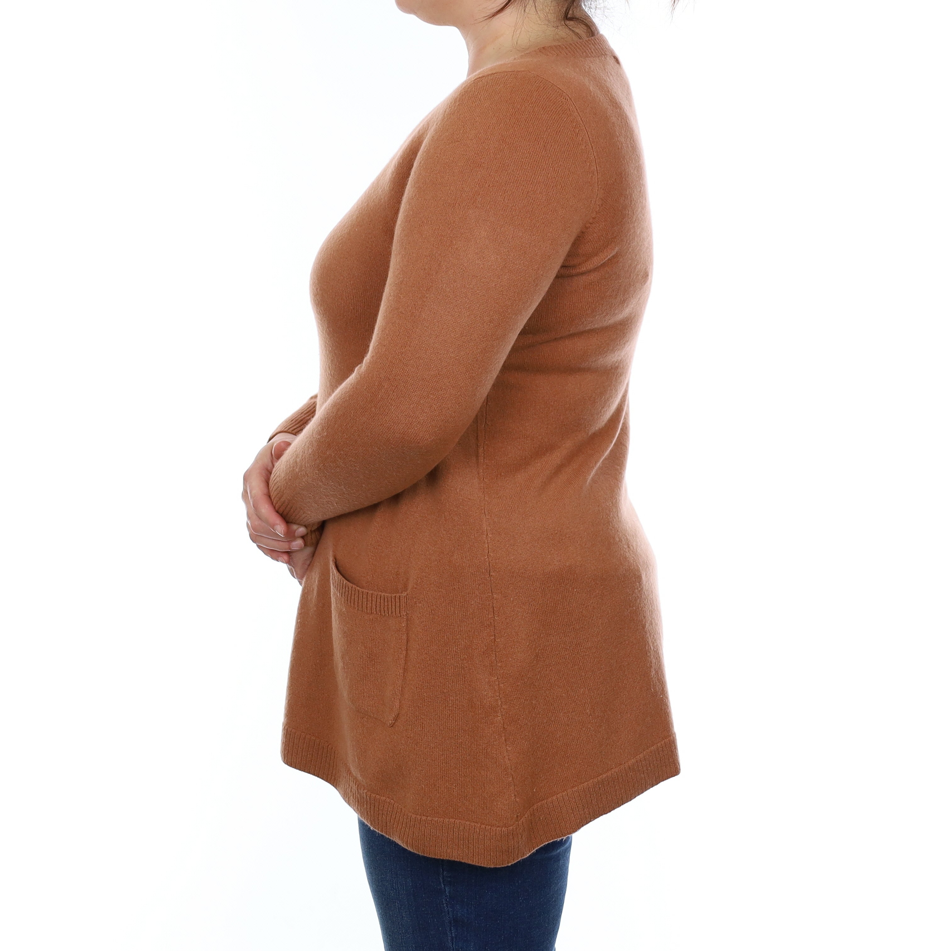 Rust Brown Cashmere Crew Neck Tunic Jumper with Pockets Large