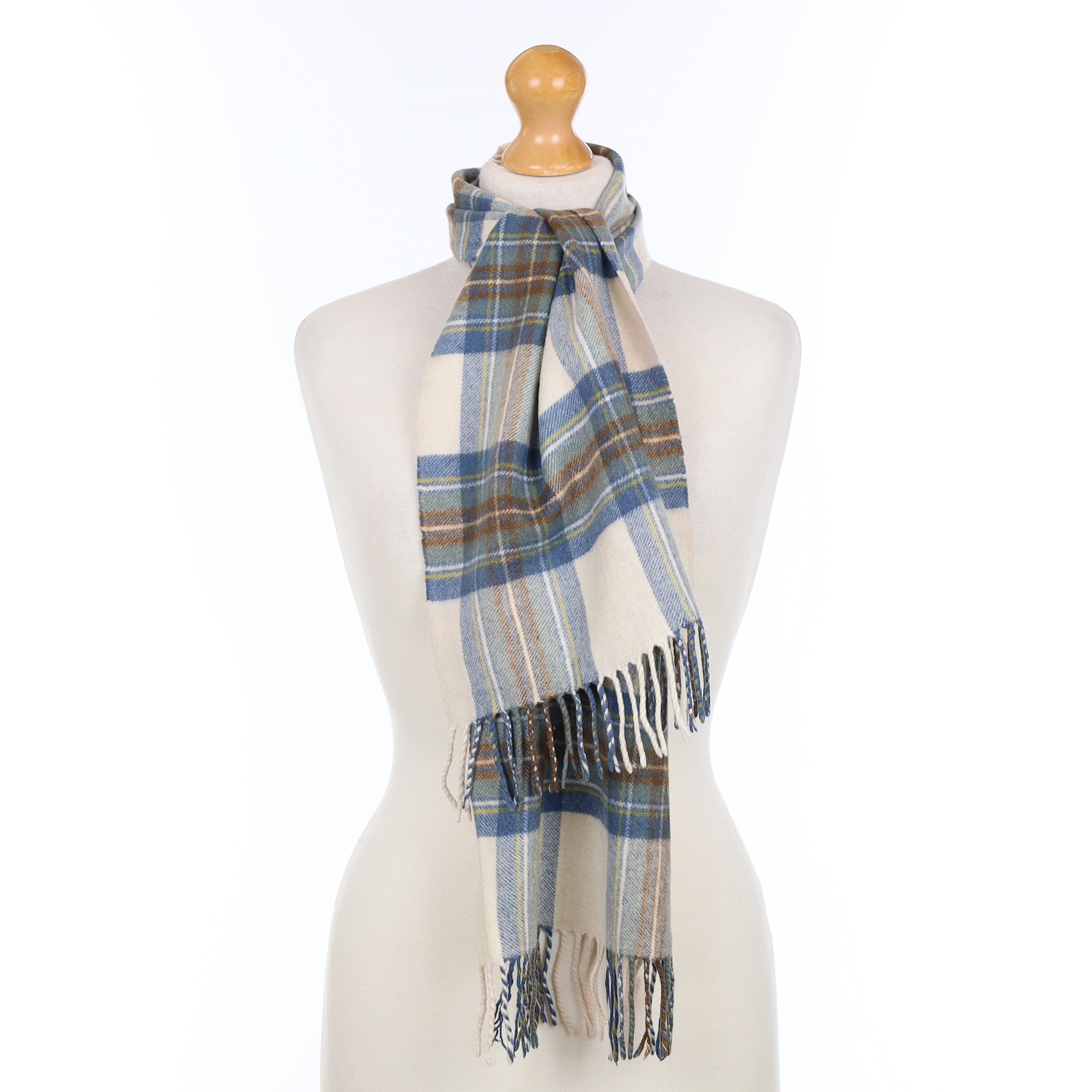 Scottish Cream Brown and Blue Plaid Cashmere Woven Scarf