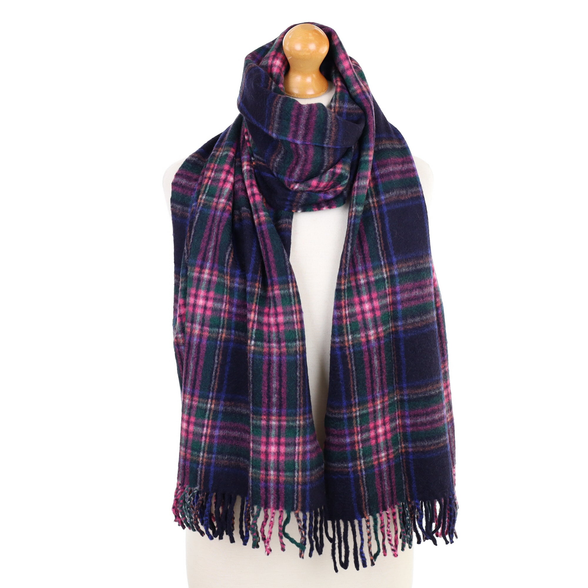 Purple and Blue Tartan Fringed Cashmere Woven Scarf