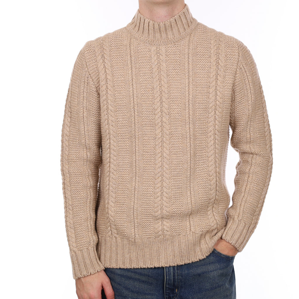 Men’s Brand New Scottish Biscuit Brown Extra Chunky Cable Cashmere Turtle Neck Jumper Medium