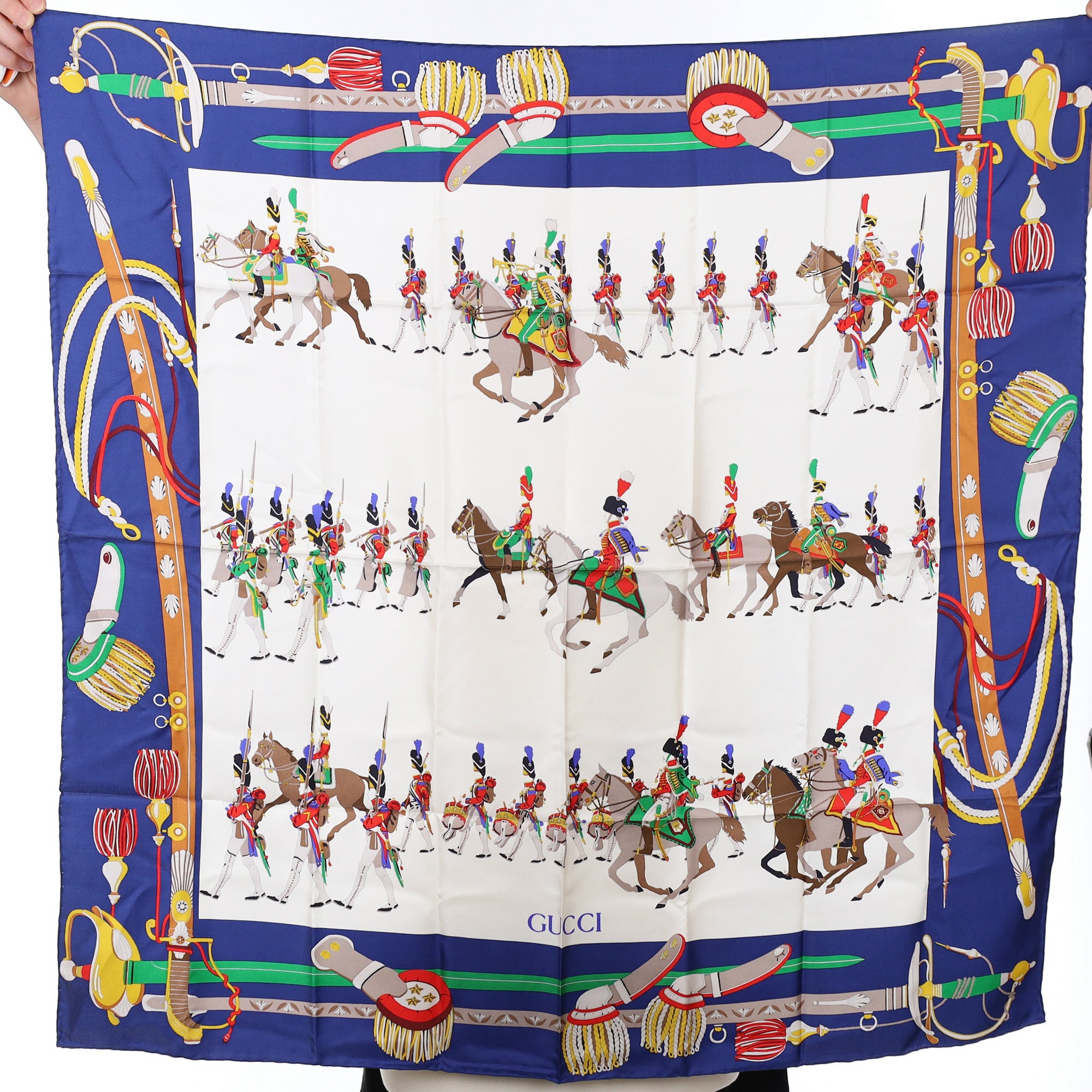 Brand New Gucci Military Parade Design Vintage Silk Scarf