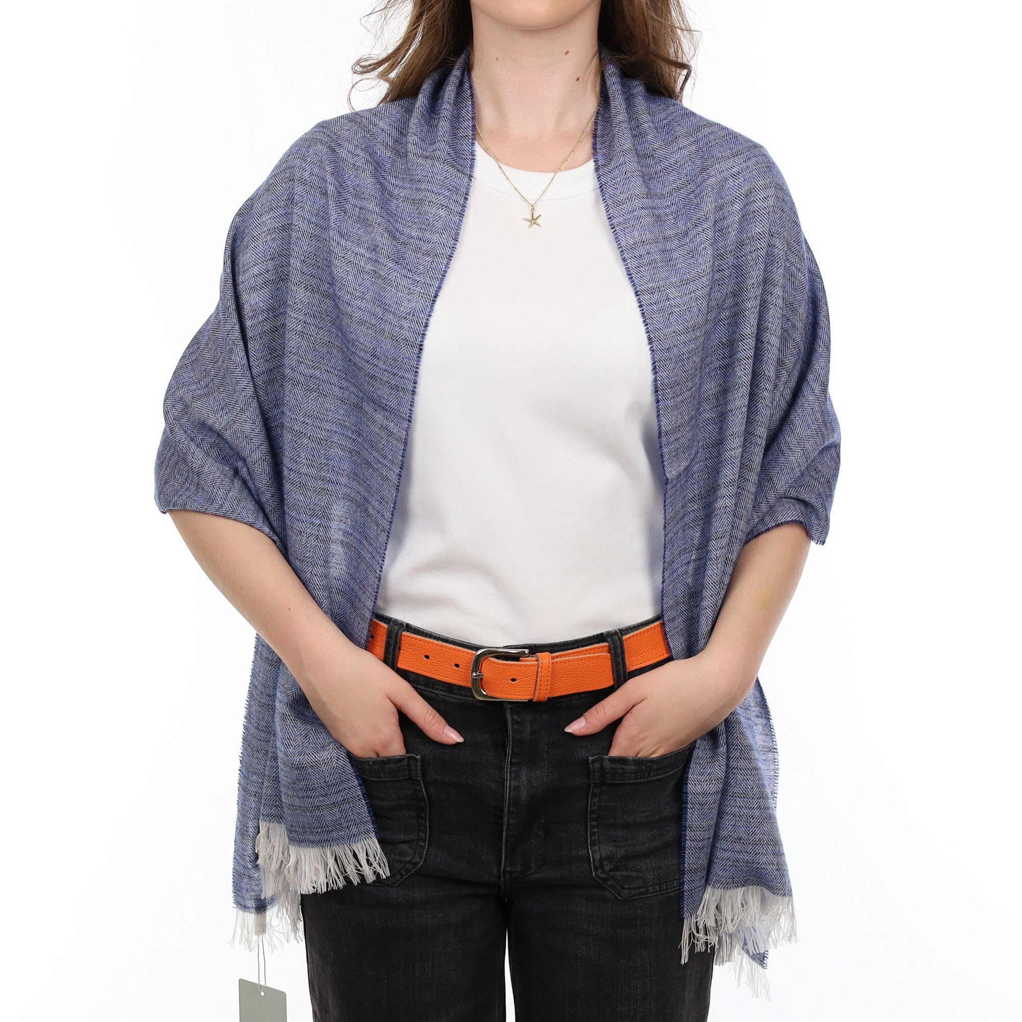 Brand New British Navy & Ivory Herringbone Luxury Woven Cashmere Mini Wrap