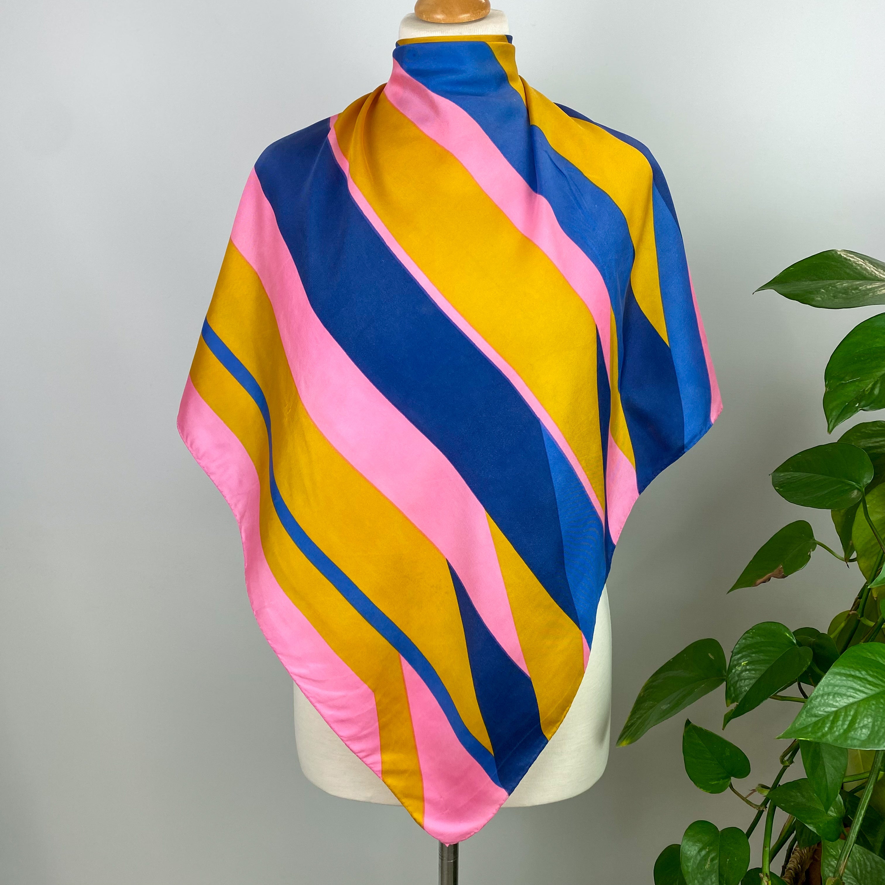Stunning Blue, Pink and Yellow Striped Vintage Silk Scarf