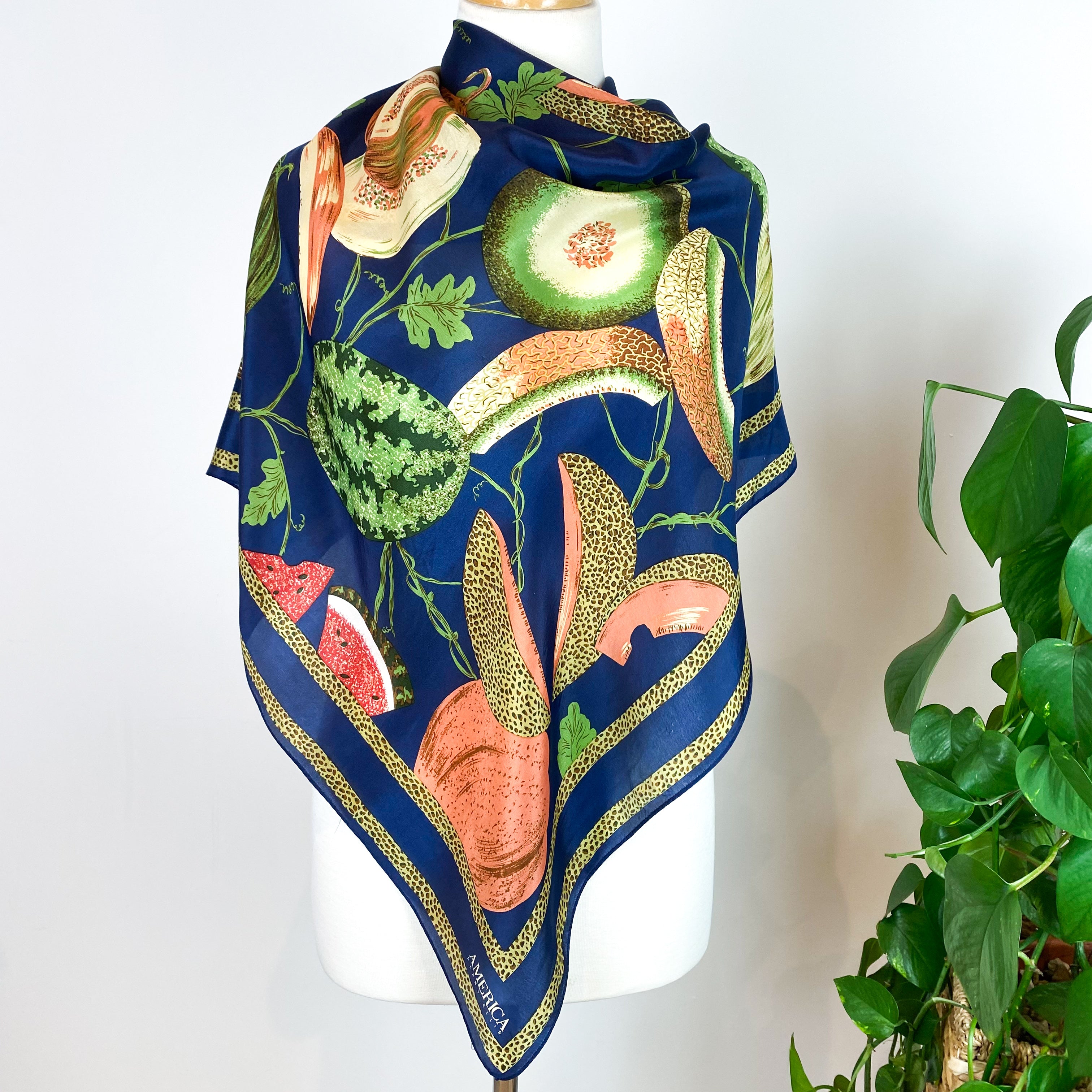 Navy Blue Tropical Fruit Modern Silk Scarf