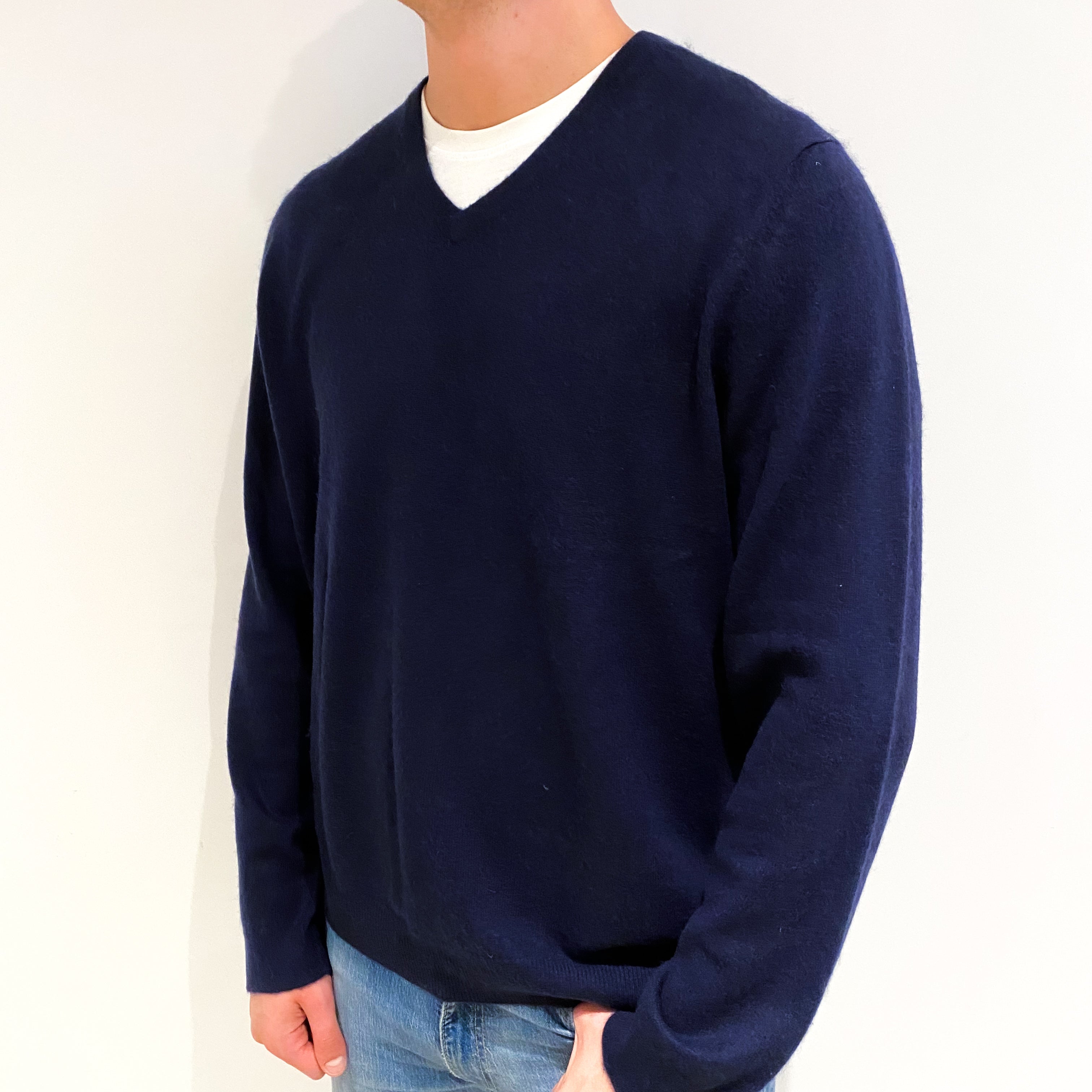 Men's Navy Blue Cashmere V Neck Jumper XXL