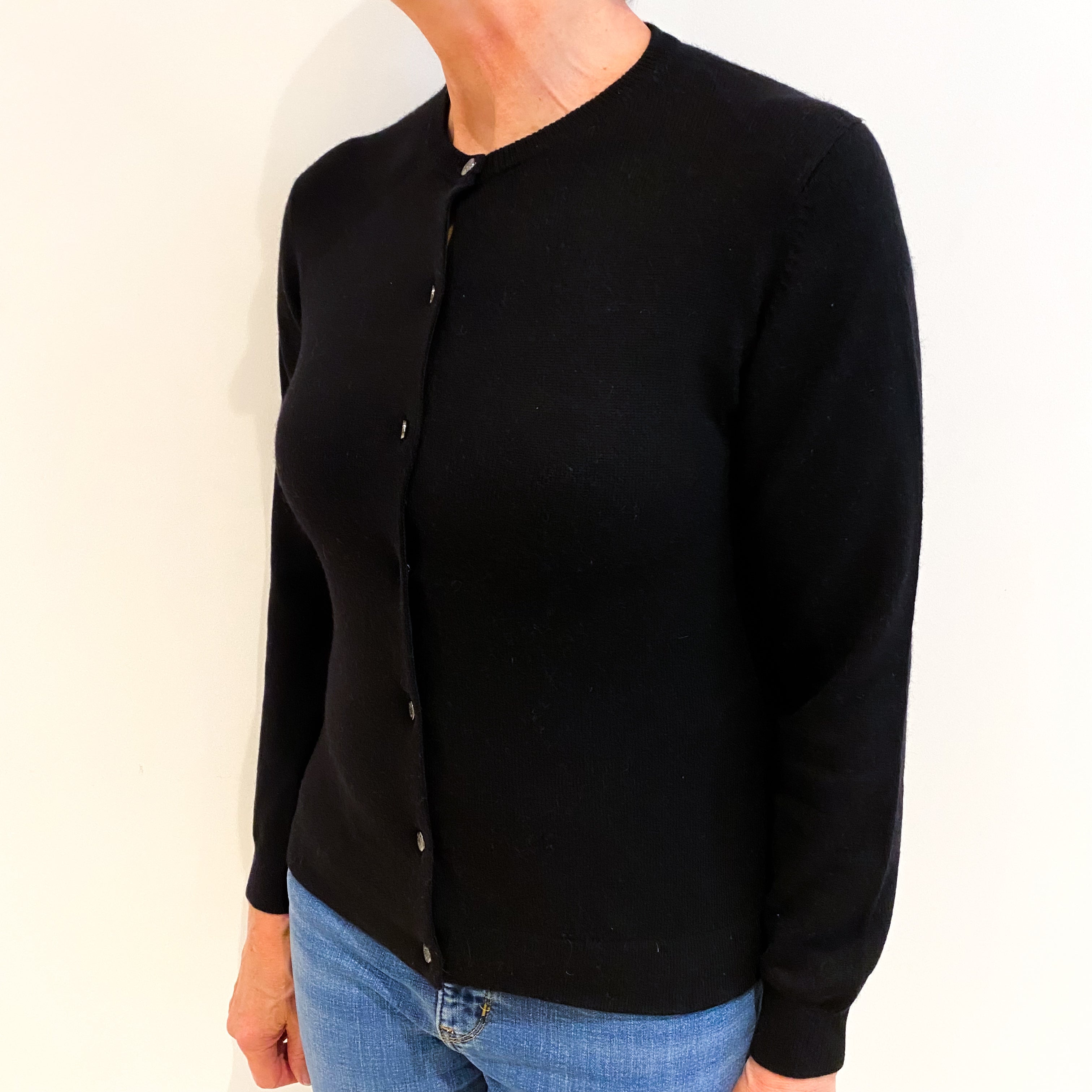 Black Cashmere Crew Neck Cardigan Medium