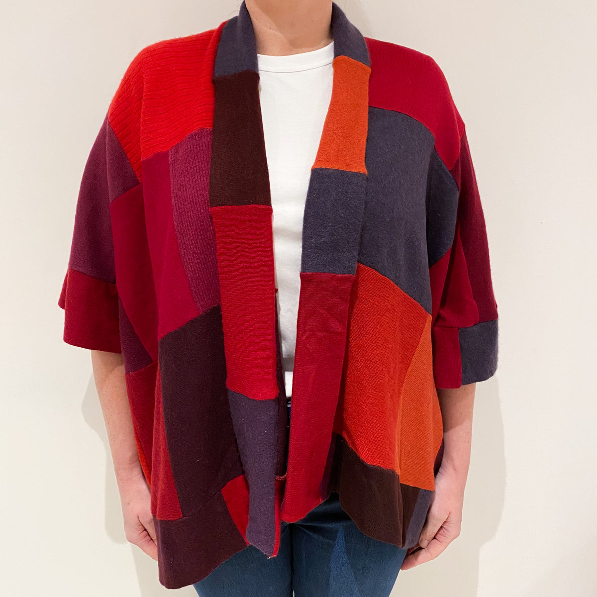 Red and Purple Patchwork Cashmere Oversized Cardigan Large