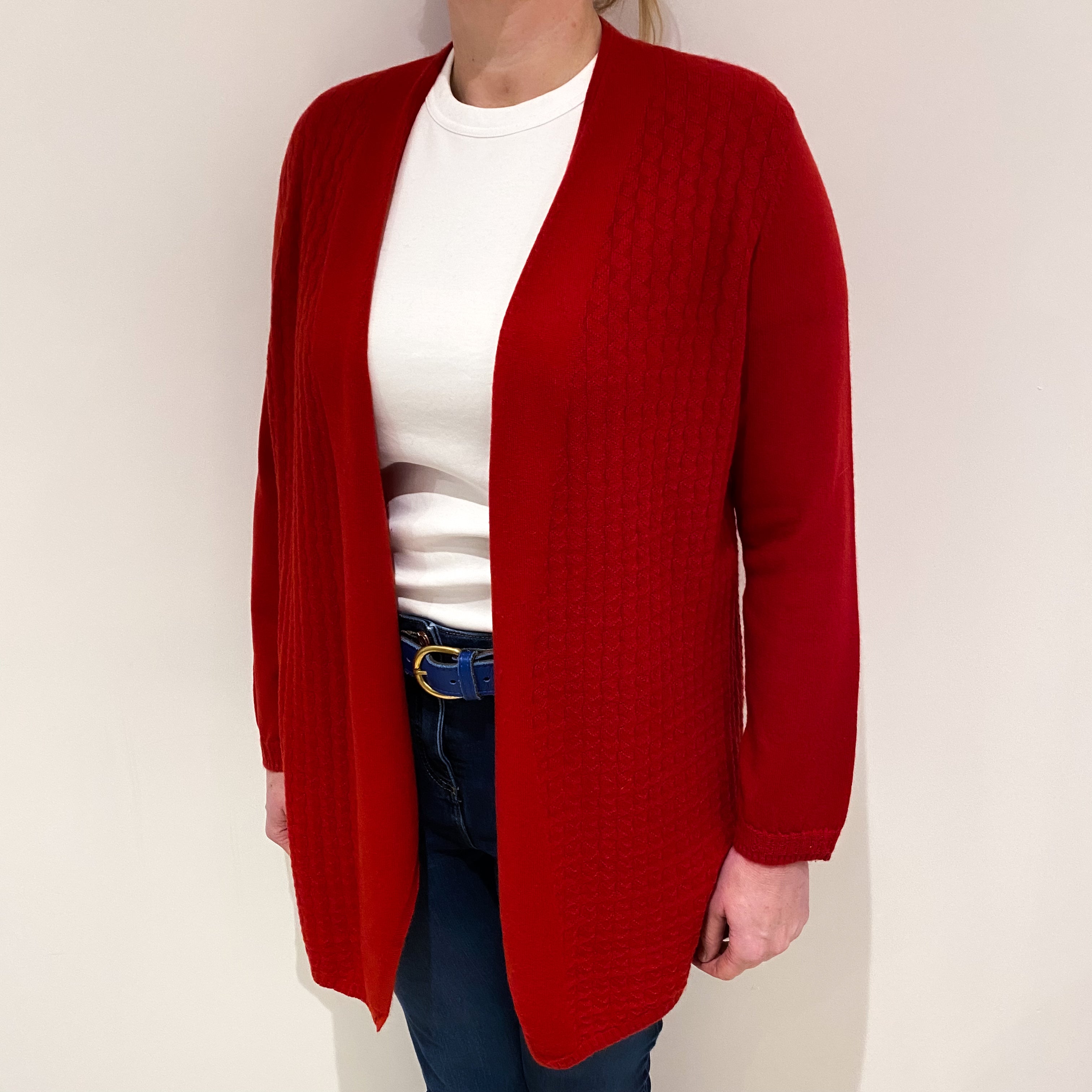Ruby Red Textured Detail Cashmere Edge to Edge Cardigan Large