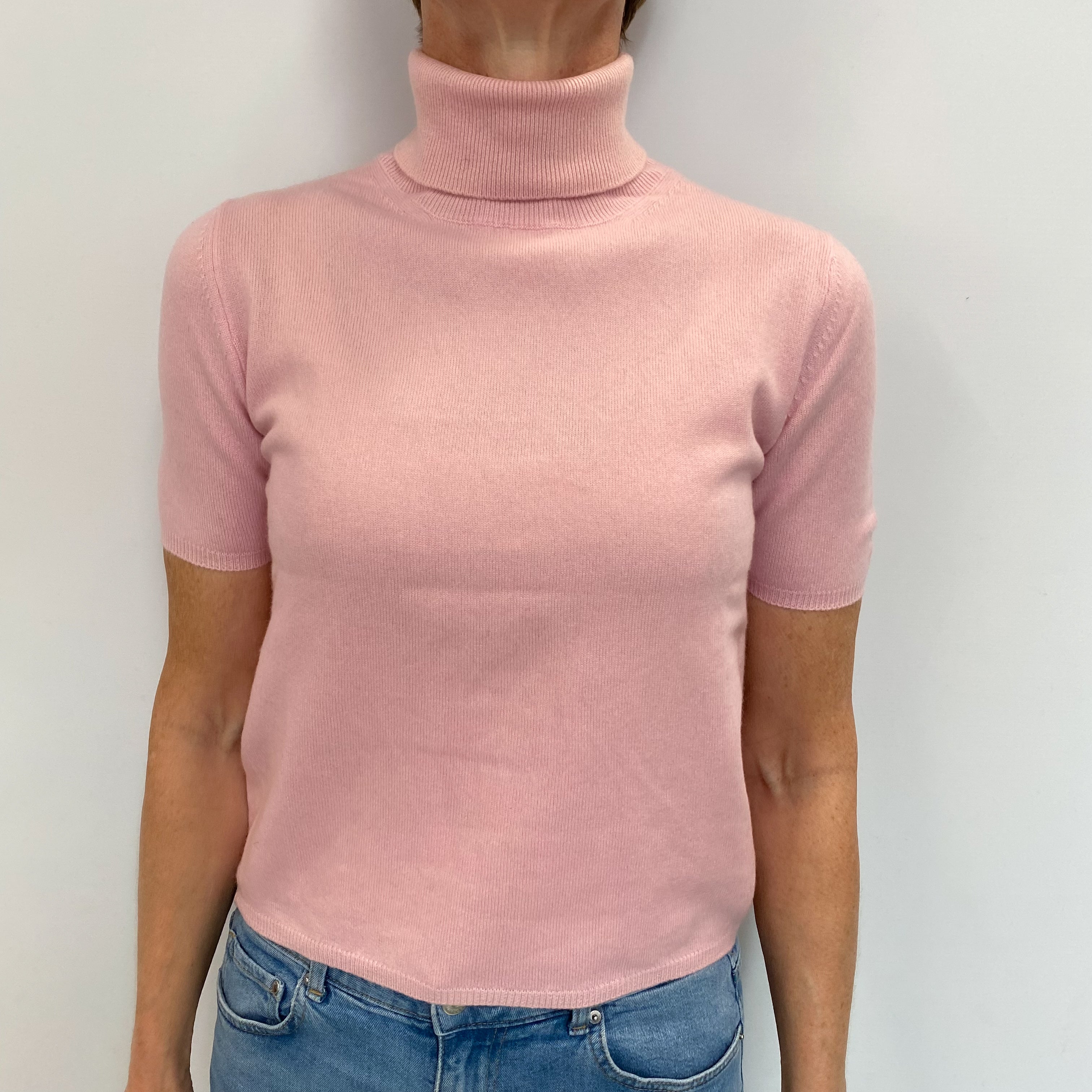 Carnation Pink Cashmere Short Sleeved Polo Neck Jumper Small