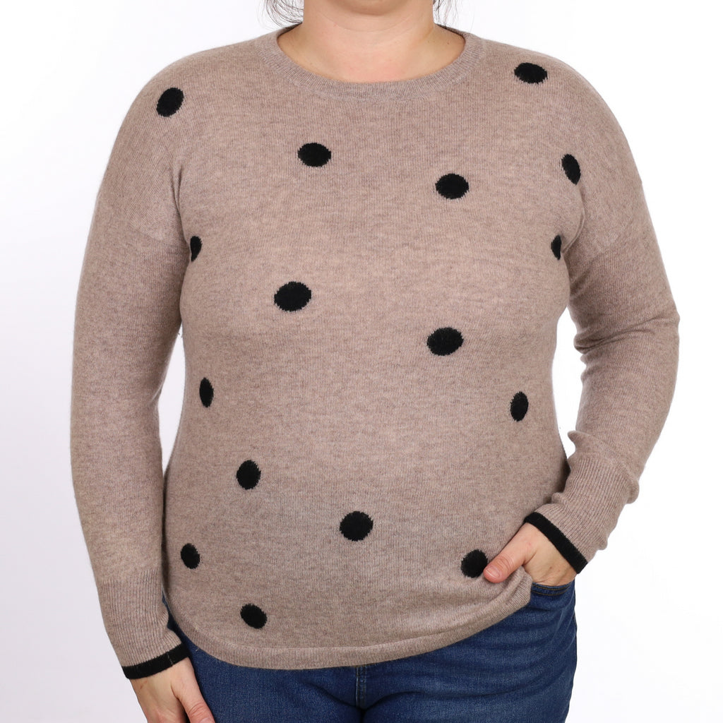 Fawn and Black Spot Cashmere Crew Neck Jumper Large