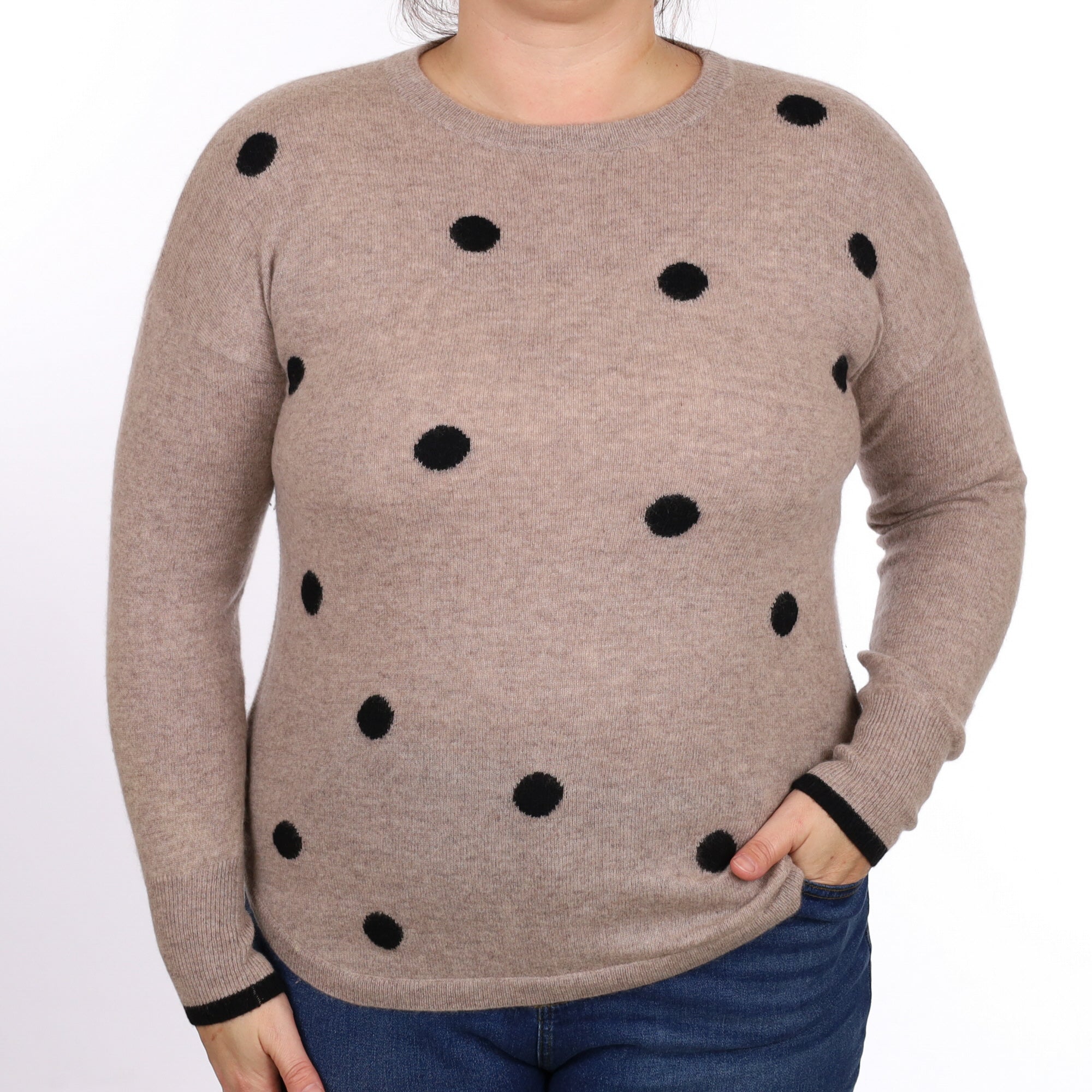 Fawn and Black Spot Cashmere Crew Neck Jumper Large