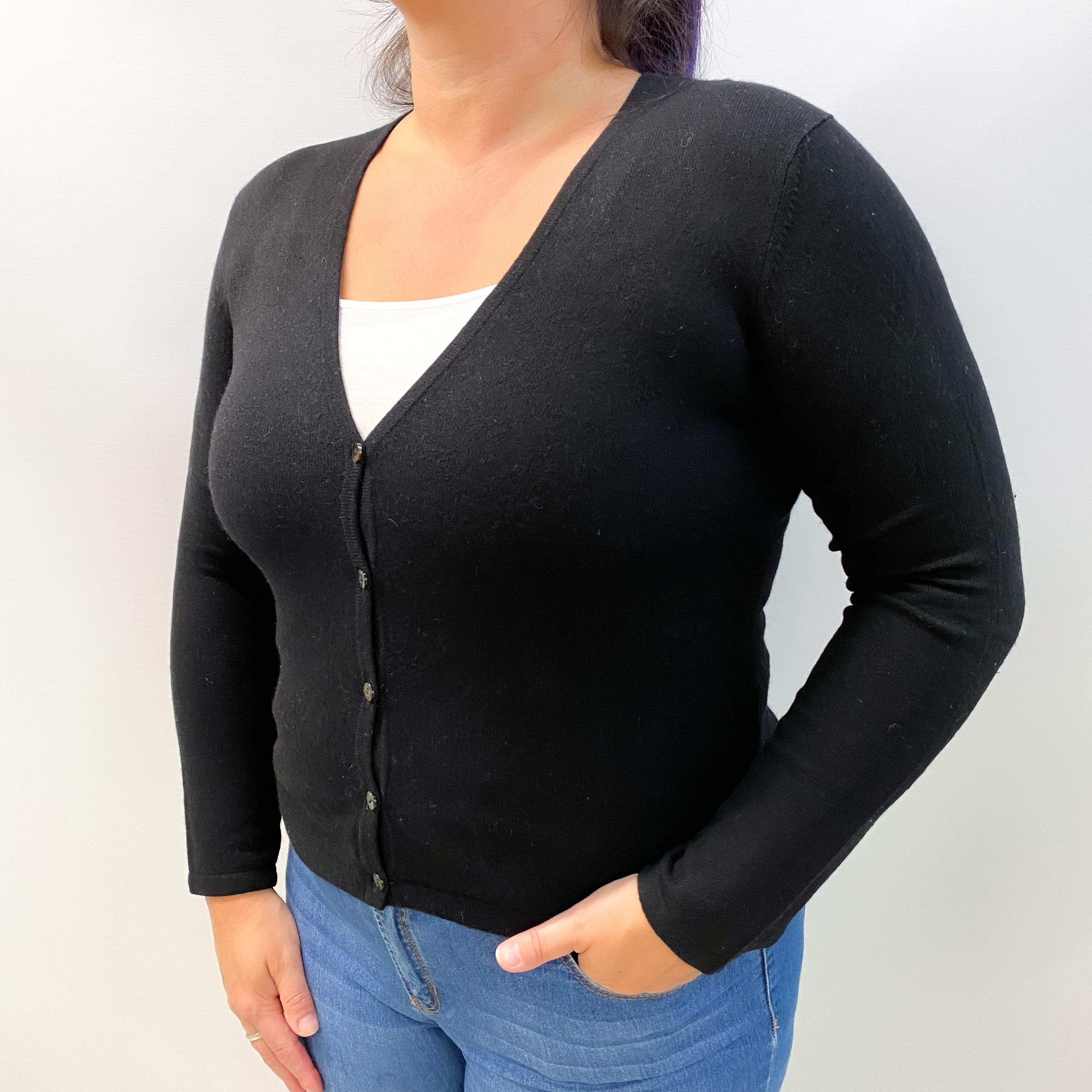 Black Cashmere V Neck Cardigan Large