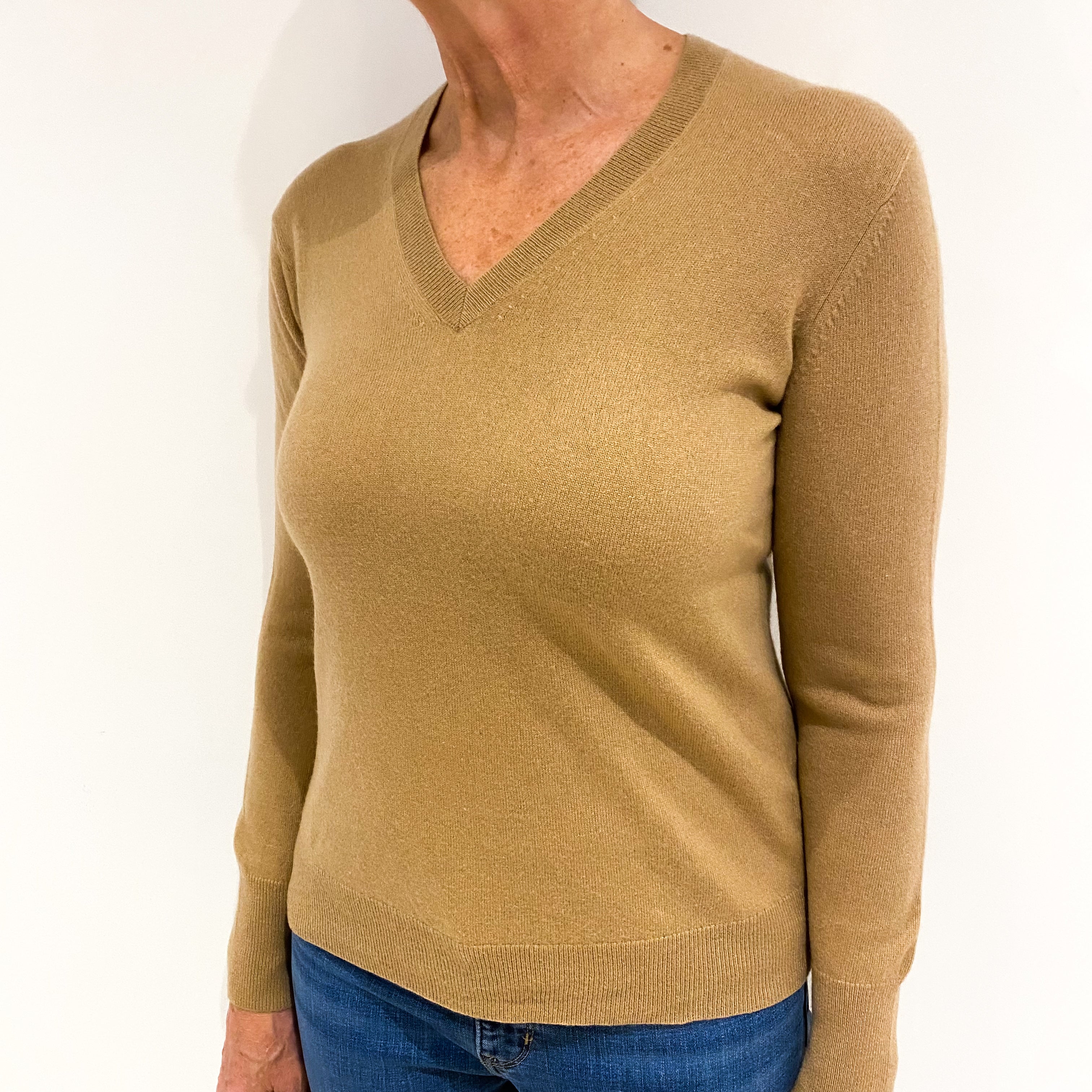 Camel Brown Cashmere V Neck Jumper Medium