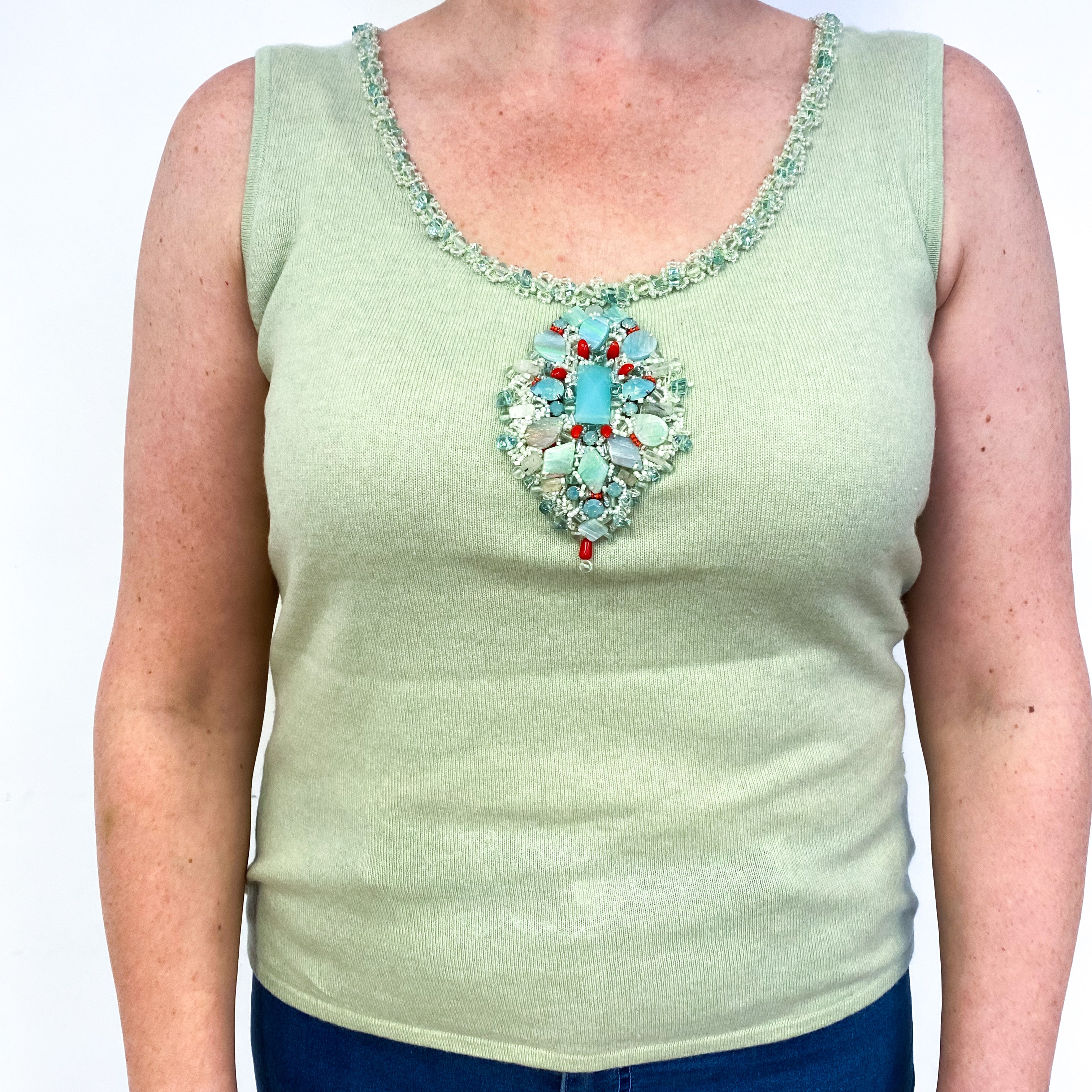 Soft Lime Green Bejewelled Cashmere Crew Neck Vest Large