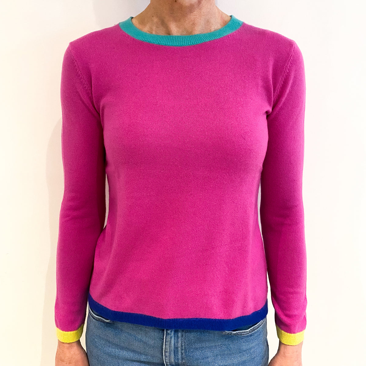 Hot Pink With Colourful Trim Cashmere Crew Neck Jumper Small