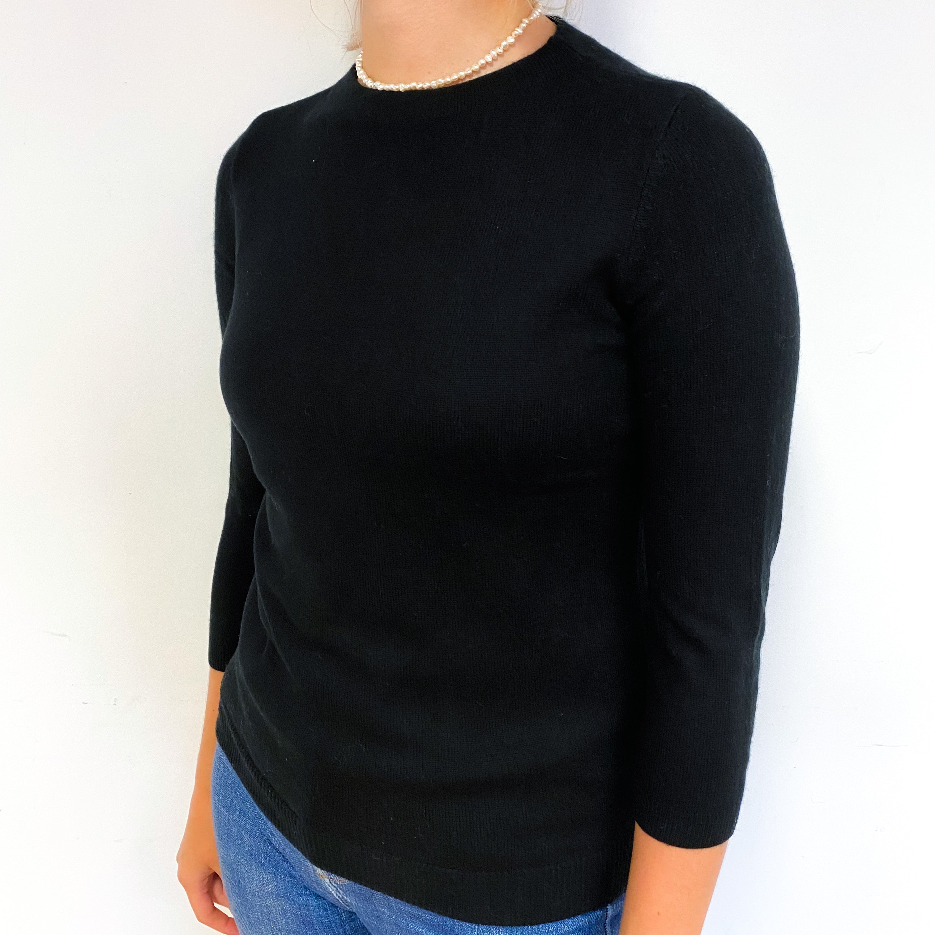 Black 3/4 Sleeve Cashmere Crew Neck Jumper Small