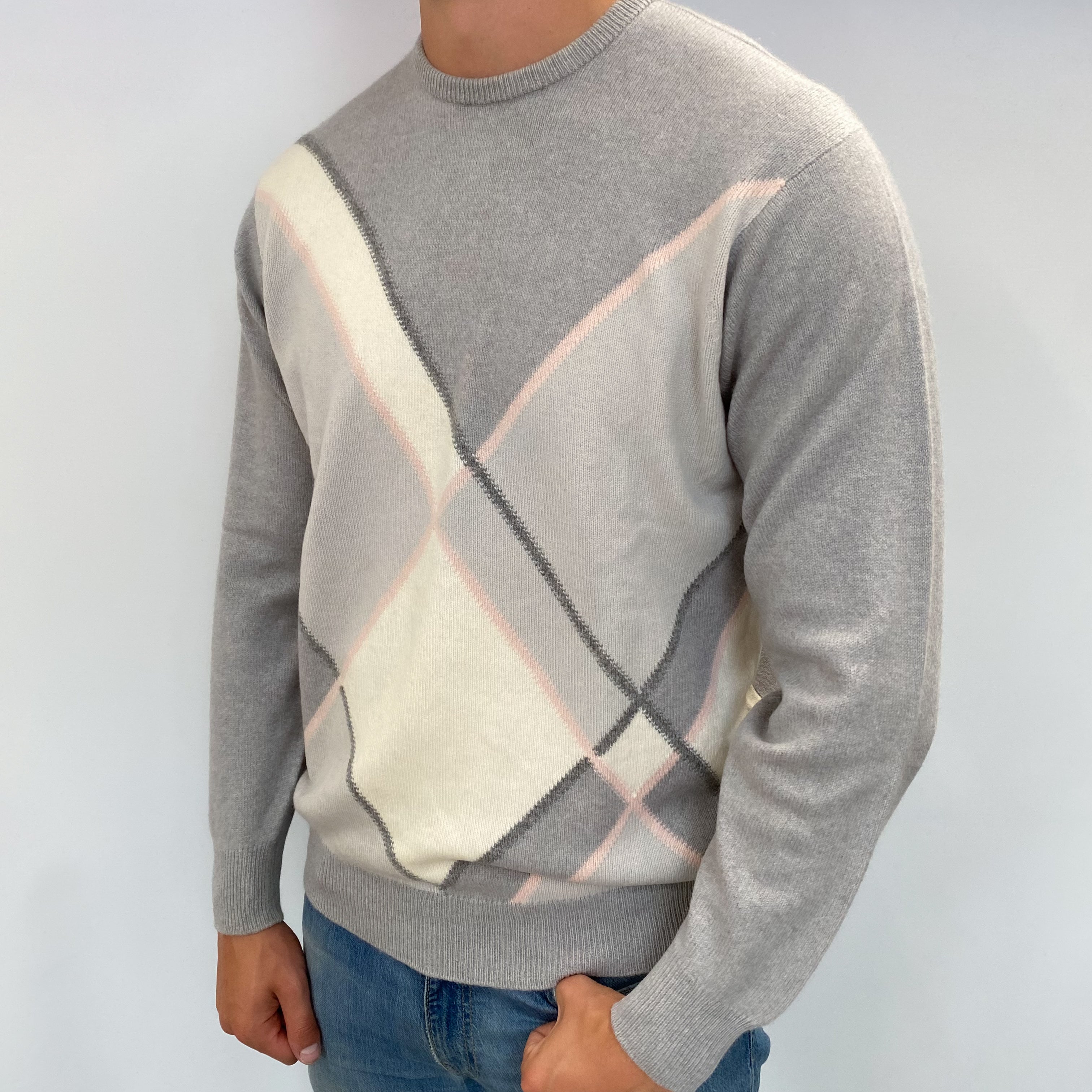 Men's Scottish Pringle Dove Grey Patterned Cashmere Crew Neck Jumper XL