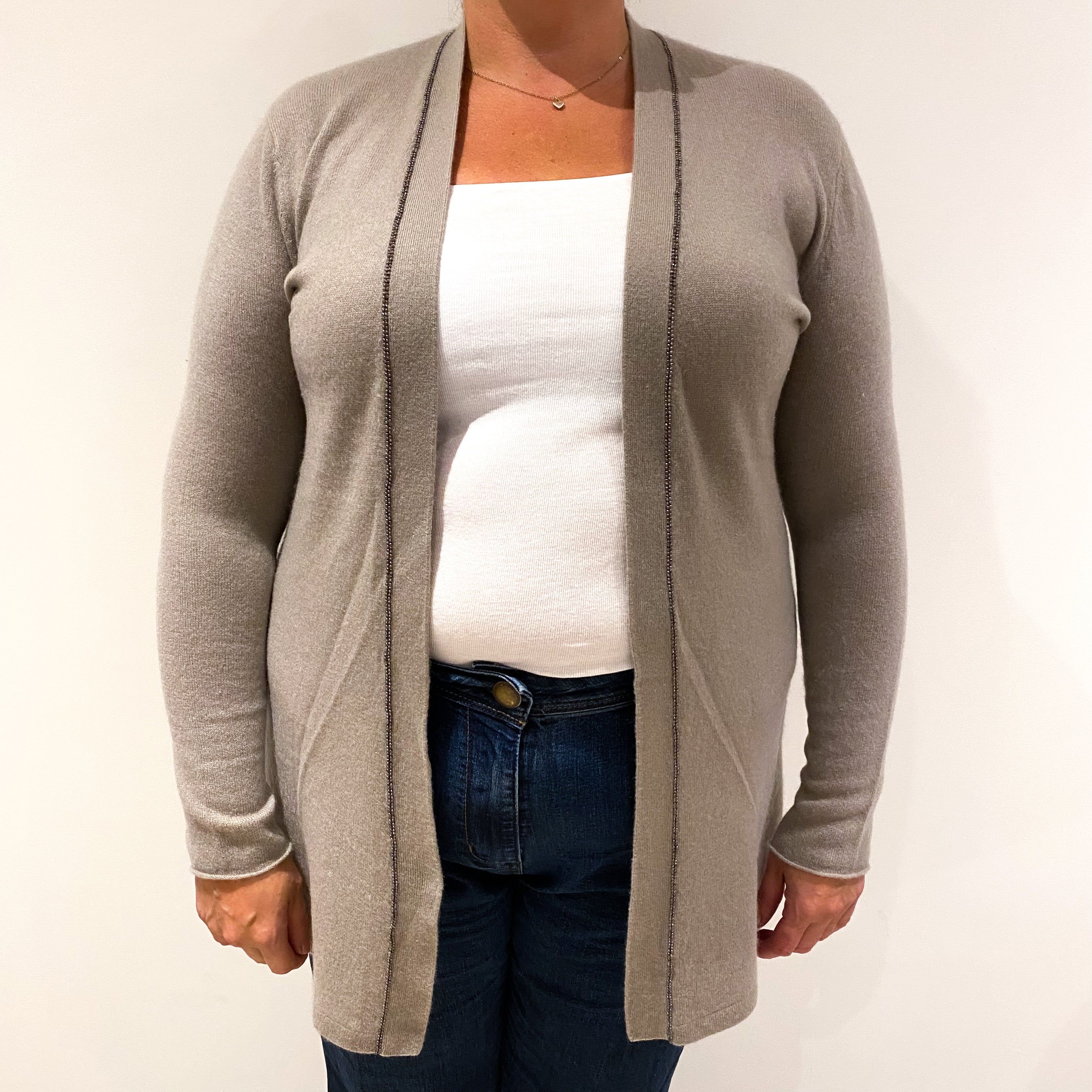 Taupe Brown Cashmere Edge To Edge Cardigan with Sparkly Bead Edging Extra Large
