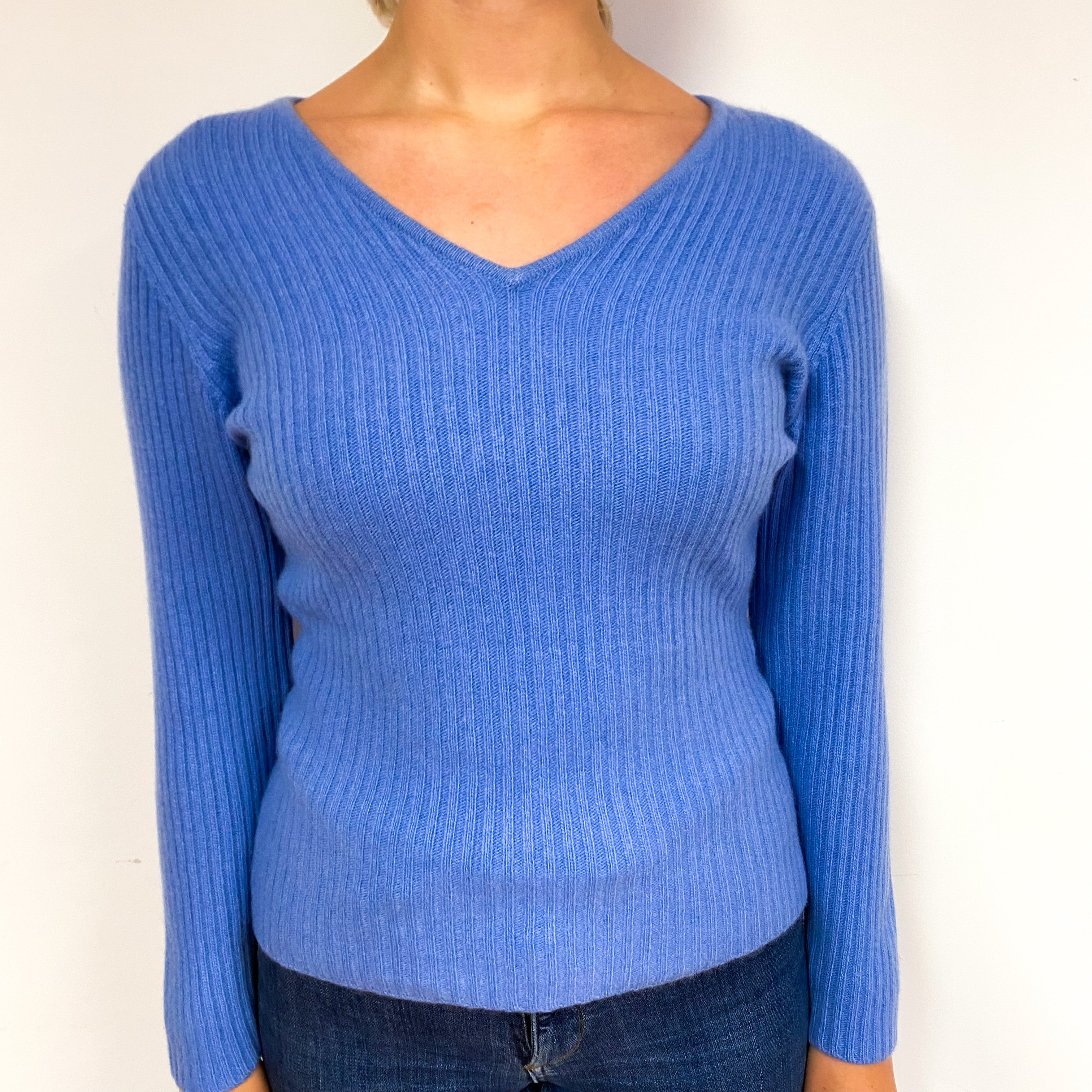 Cornflower Blue Ribbed Cashmere V-Neck Jumper Small