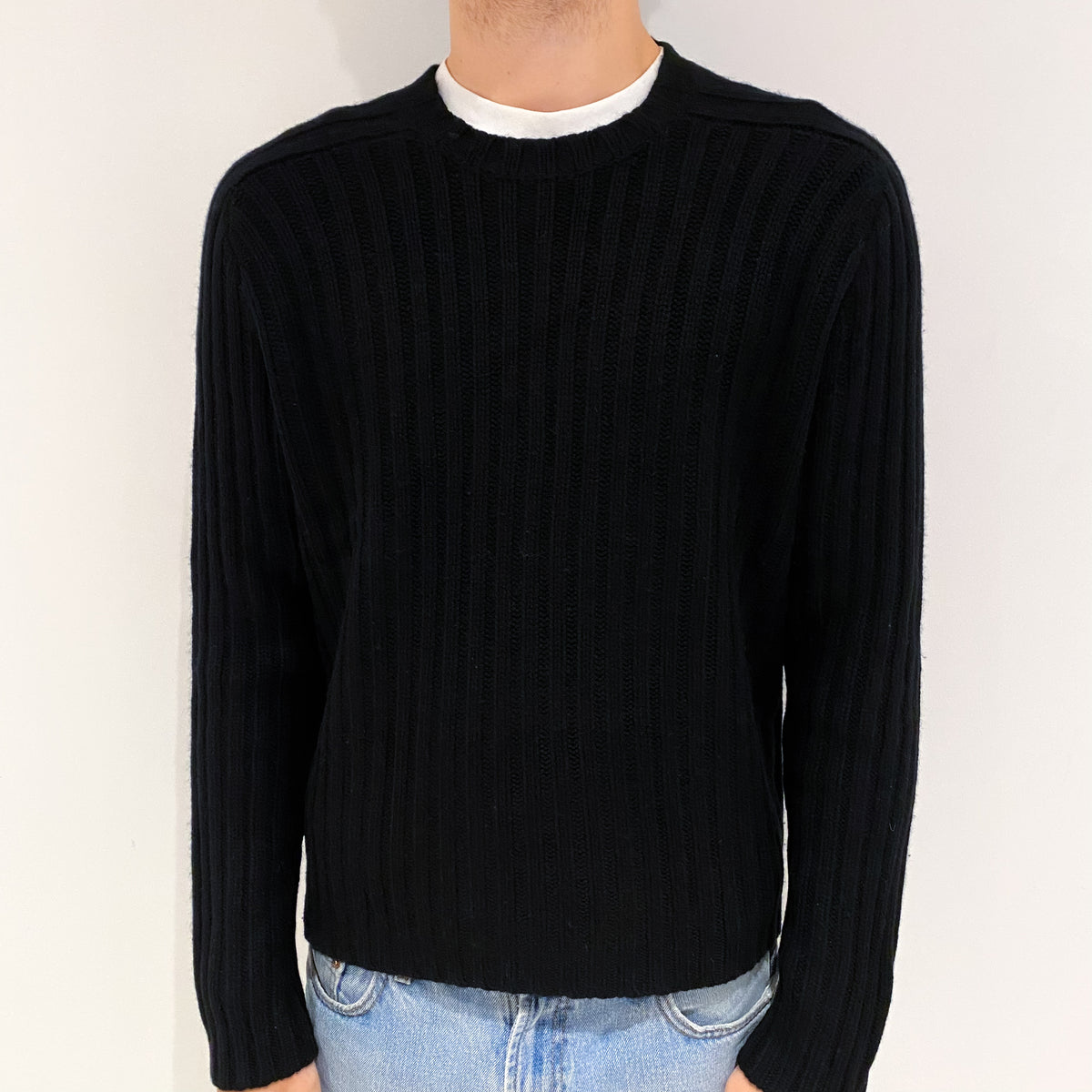 Men's Black Cashmere Crew Neck Jumper Large