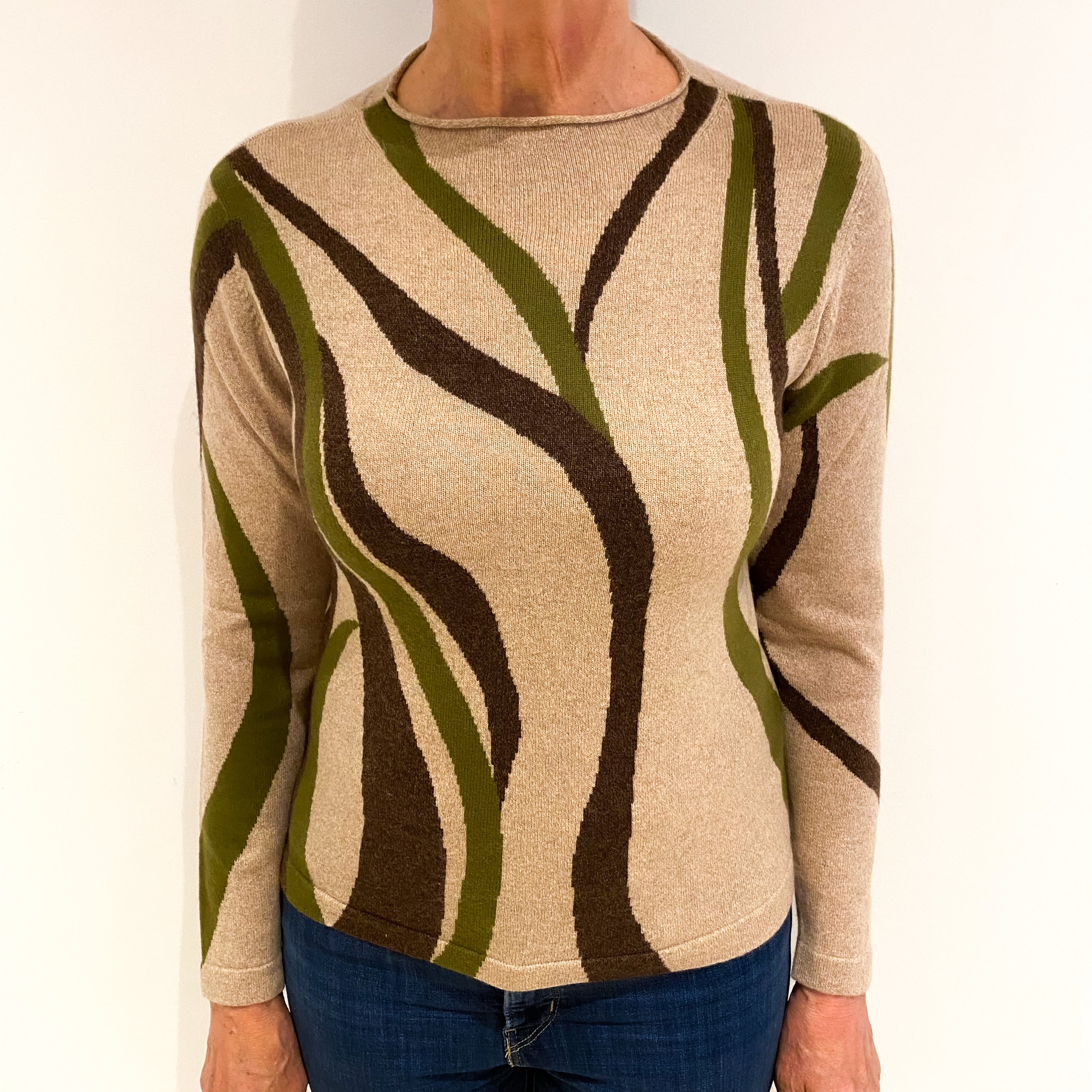 Biscuit Brown Patterned Cashmere Funnel Neck Jumper Medium