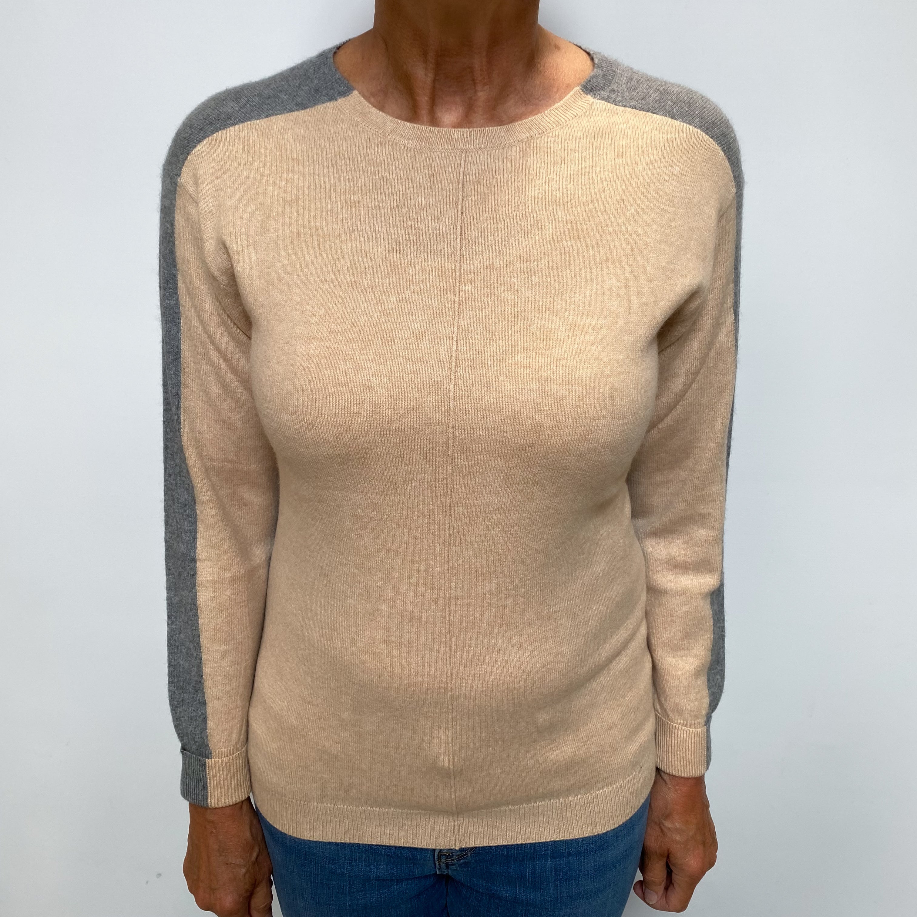 Sand and Grey Cashmere Crew Neck Jumper Medium
