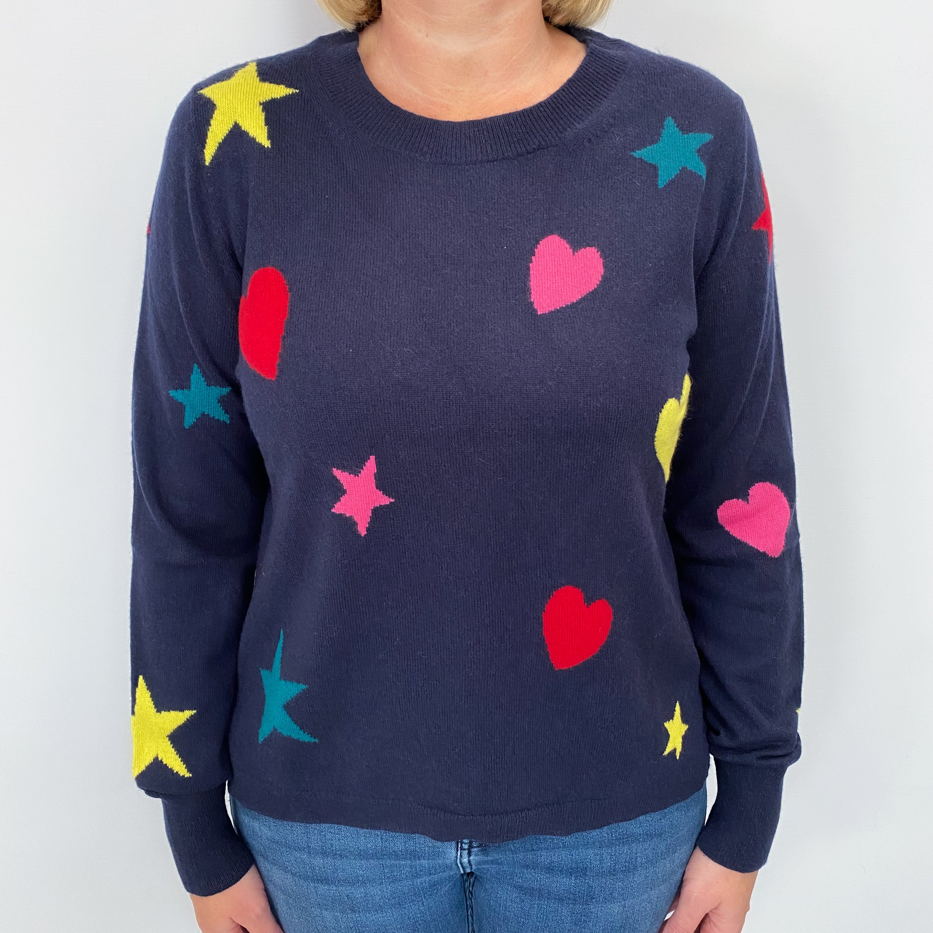 Navy Blue Stars And Hearts Cashmere Crew Neck Jumper Large