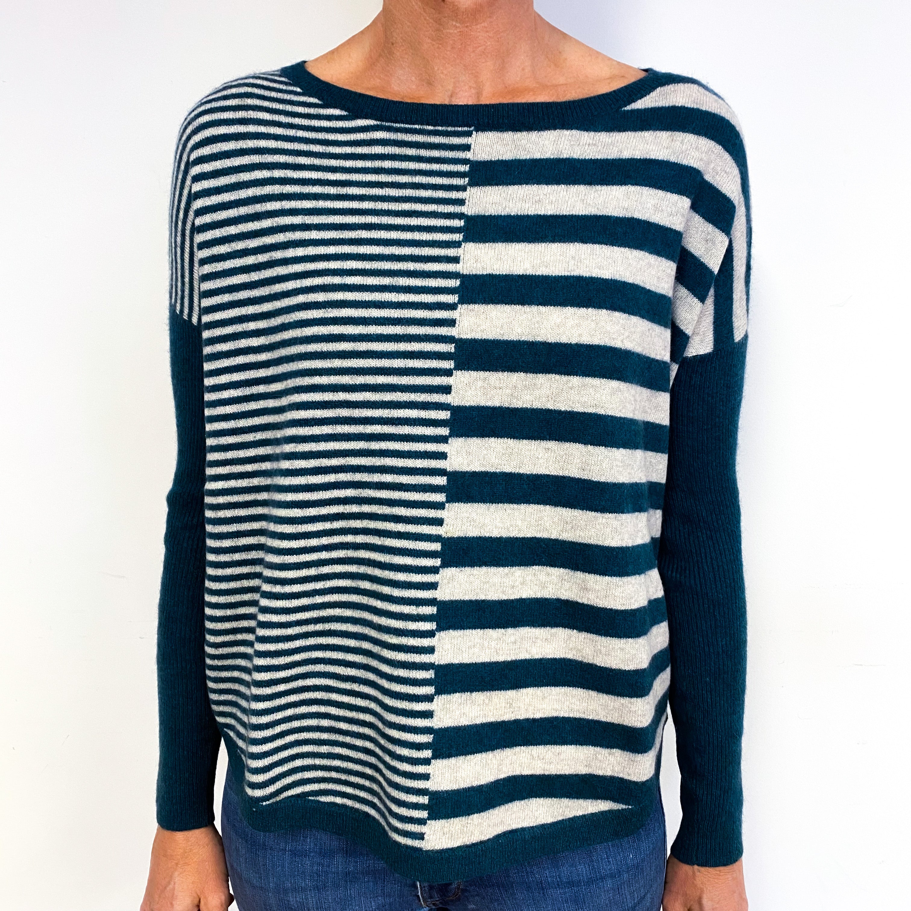 Navy Blue Cream Striped Cashmere Crew Neck Jumper Medium