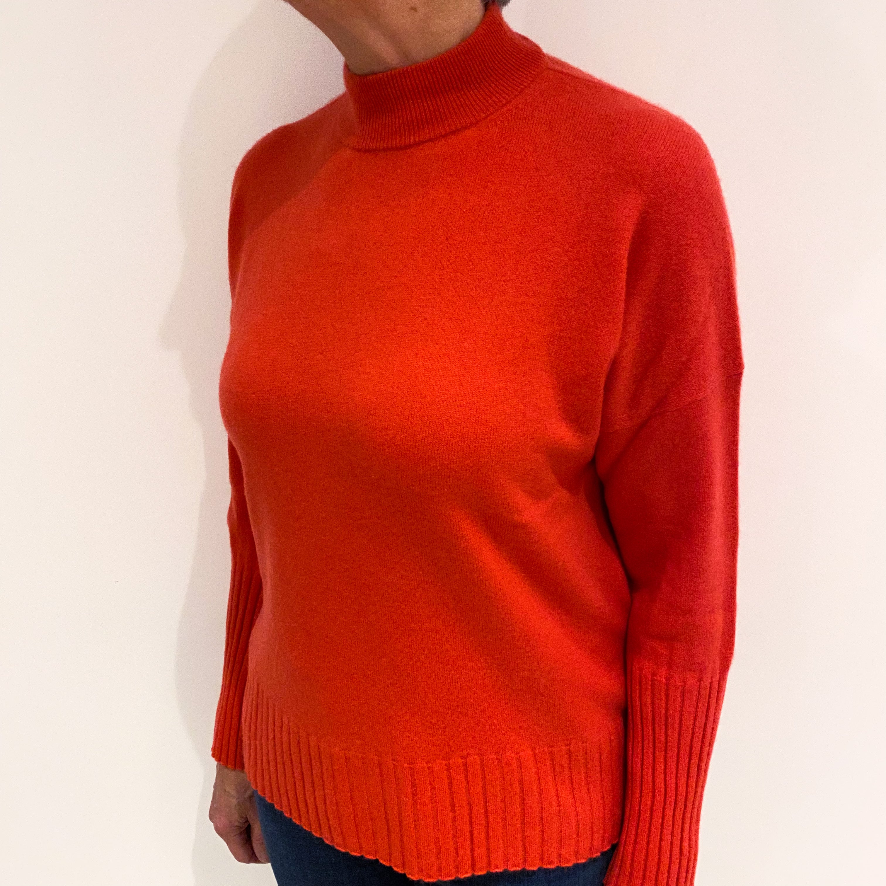 Deep Coral Pink Cashmere Boxy Turtle Neck Jumper Medium