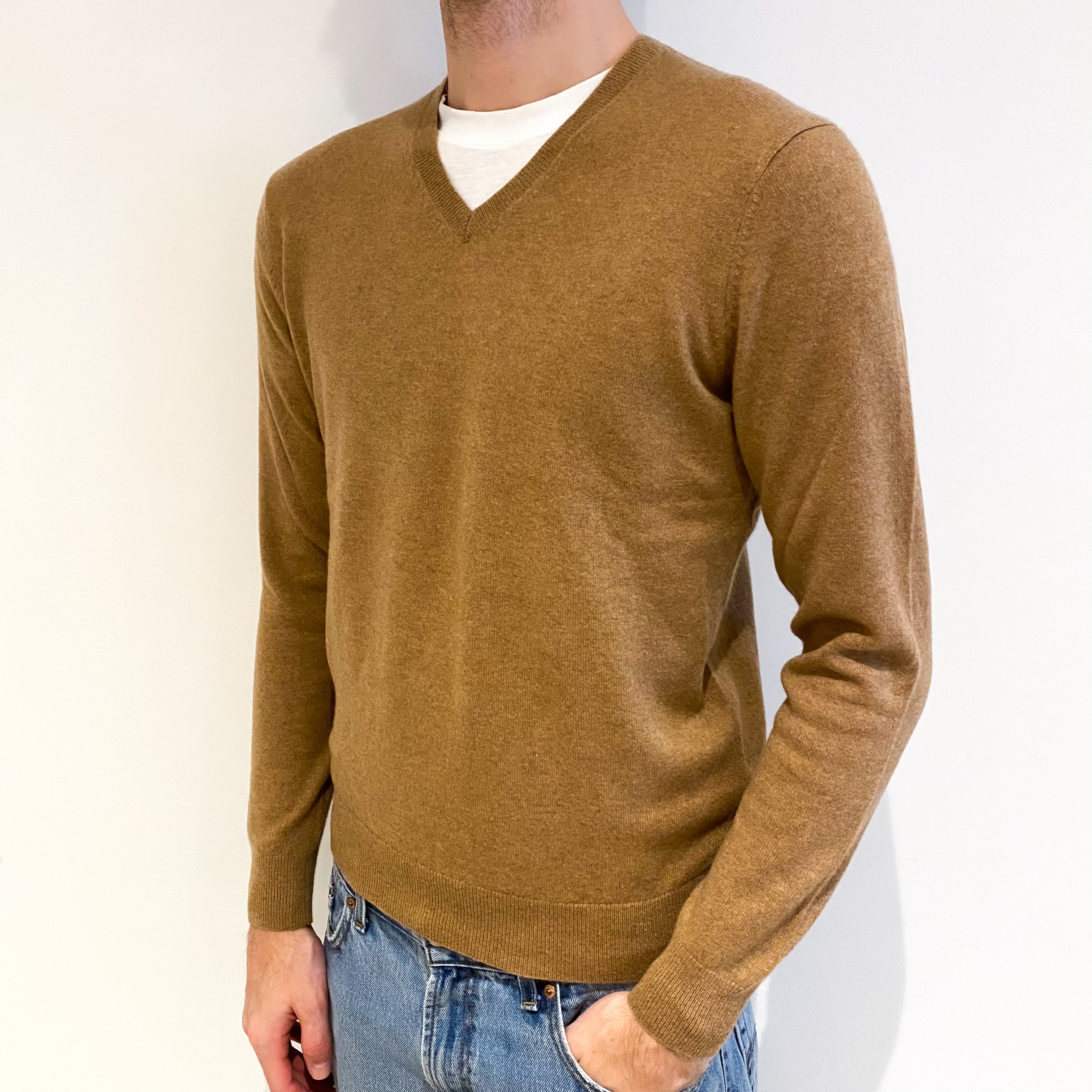 Men's Sand Beige Cashmere V Neck Jumper Medium