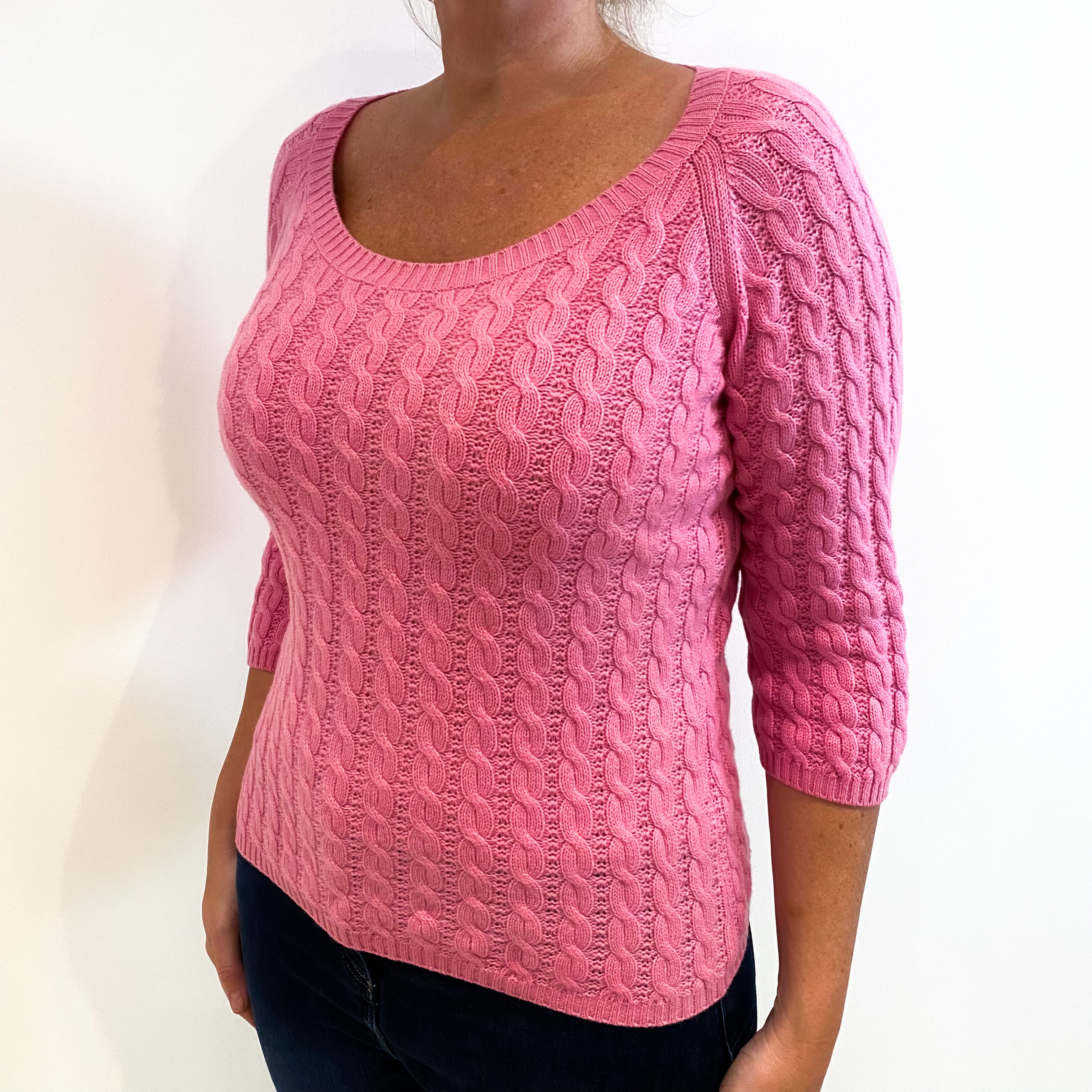 Sweat Pea Pink Cable Knit 3/4 Sleeved Cashmere Crew Neck Jumper Large