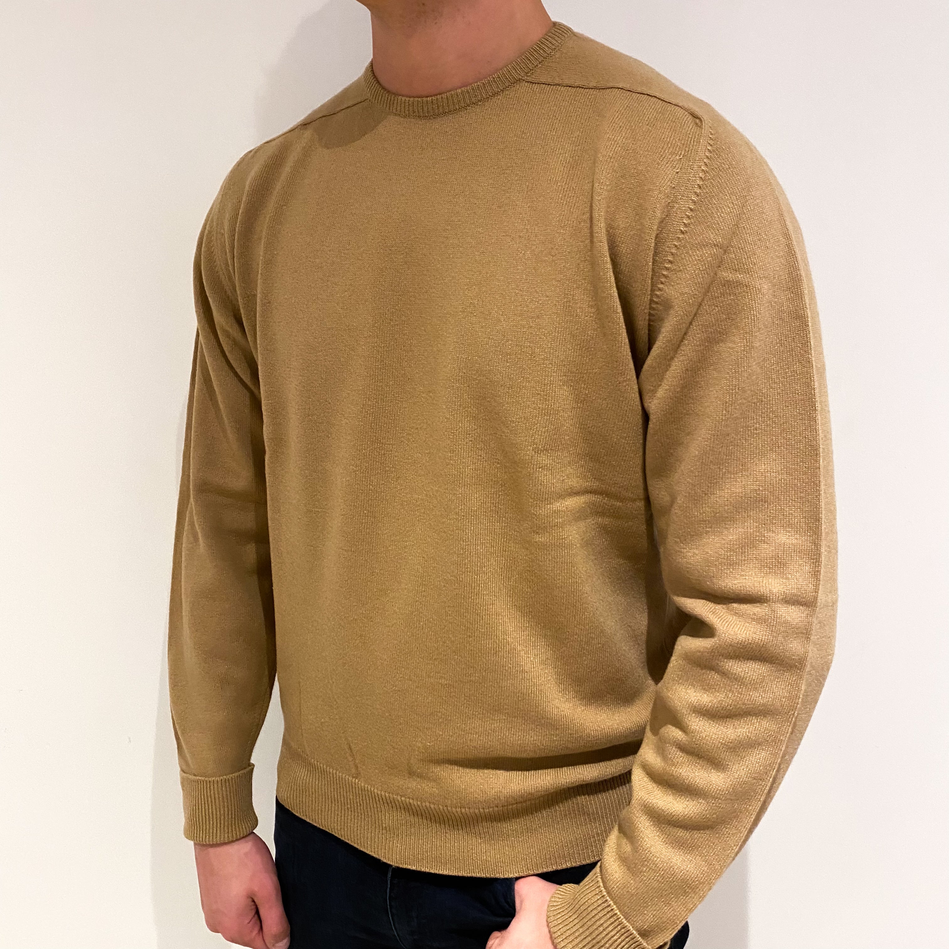 Men's Vintage Scottish Camel Brown Cashmere Crew Neck Jumper XL