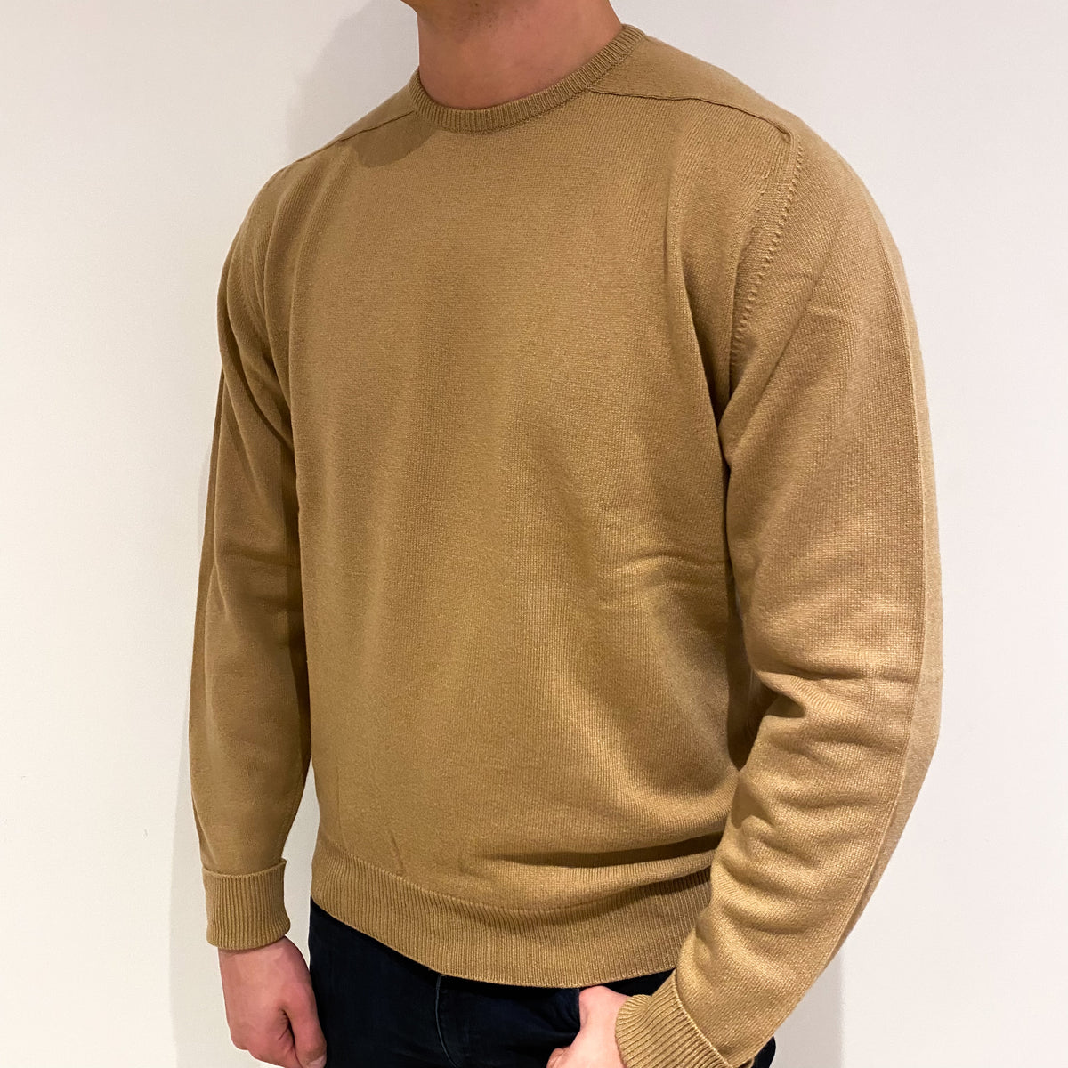 Men's Vintage Scottish Camel Brown Cashmere Crew Neck Jumper XL