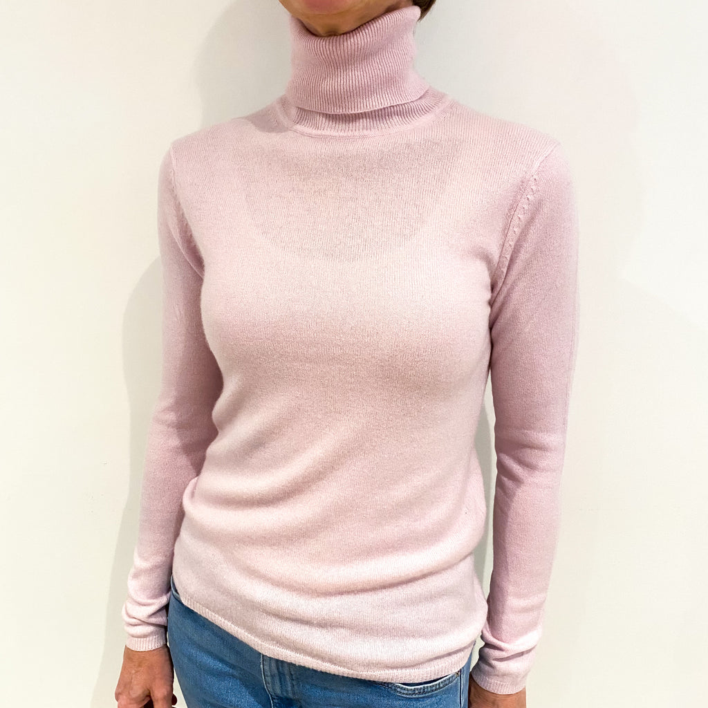 Pale Mauve Pink Cashmere Polo Neck Jumper Small