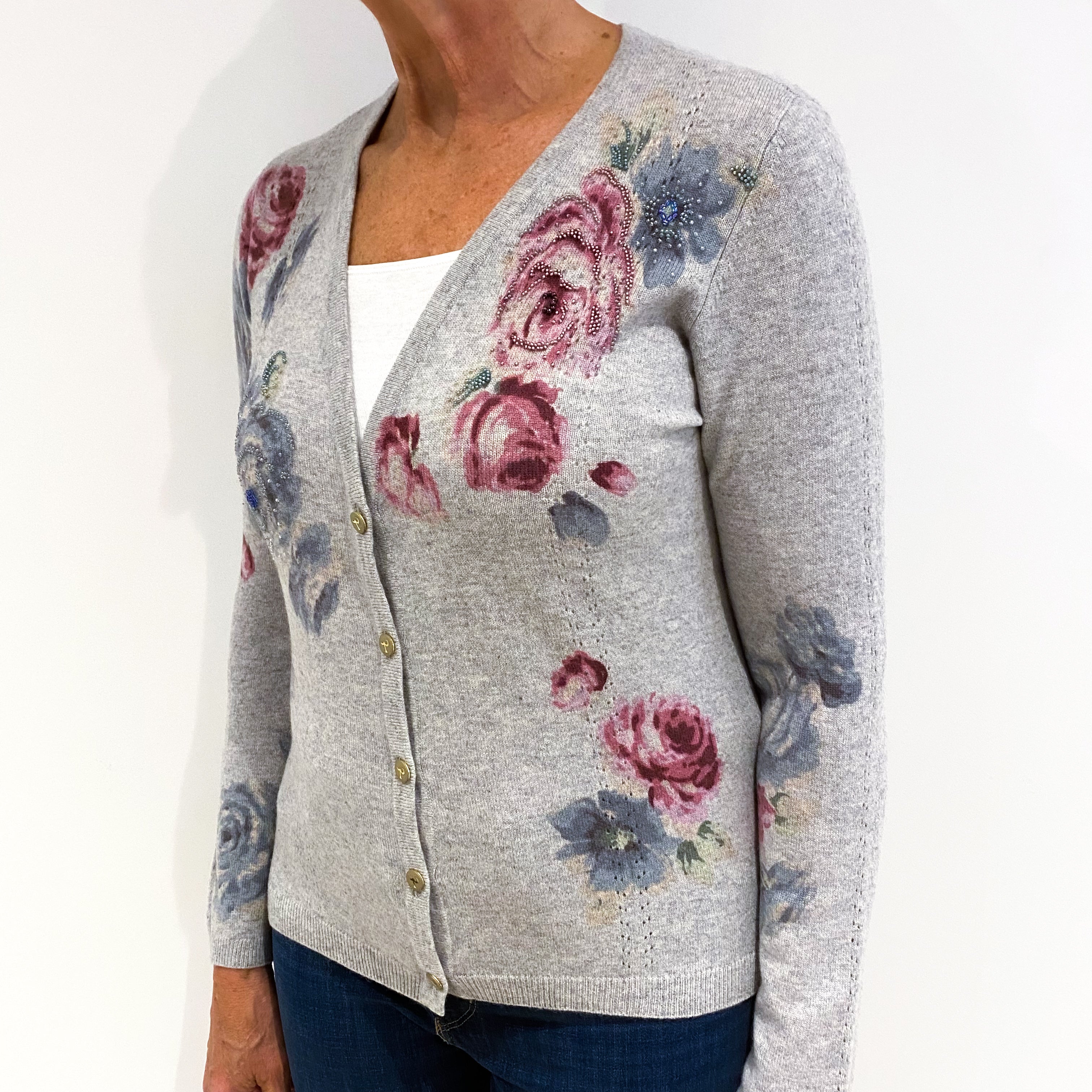Ash Grey Cashmere V Neck Cardigan Medium